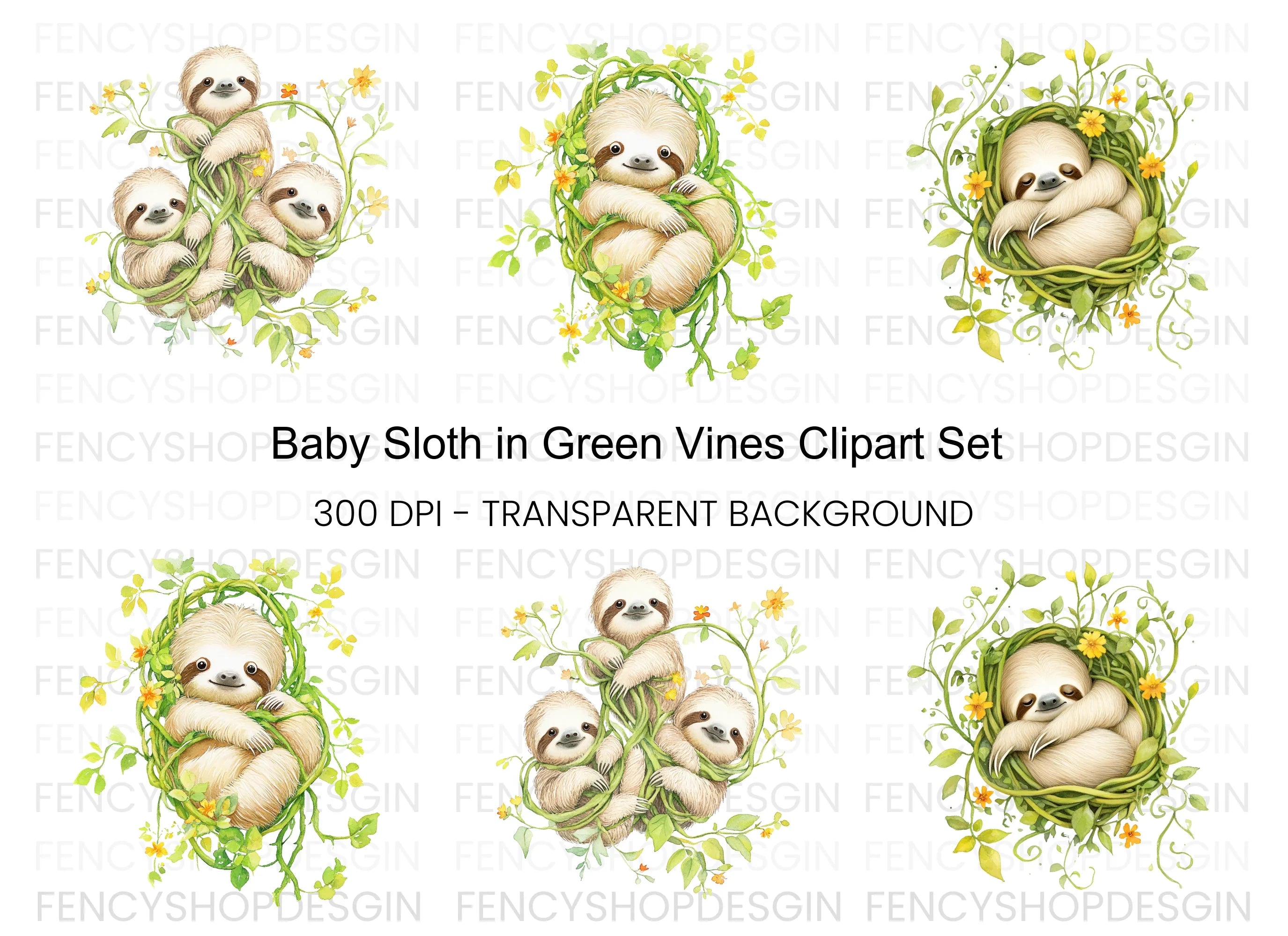 Baby Sloth in Vines Clipart Bundle