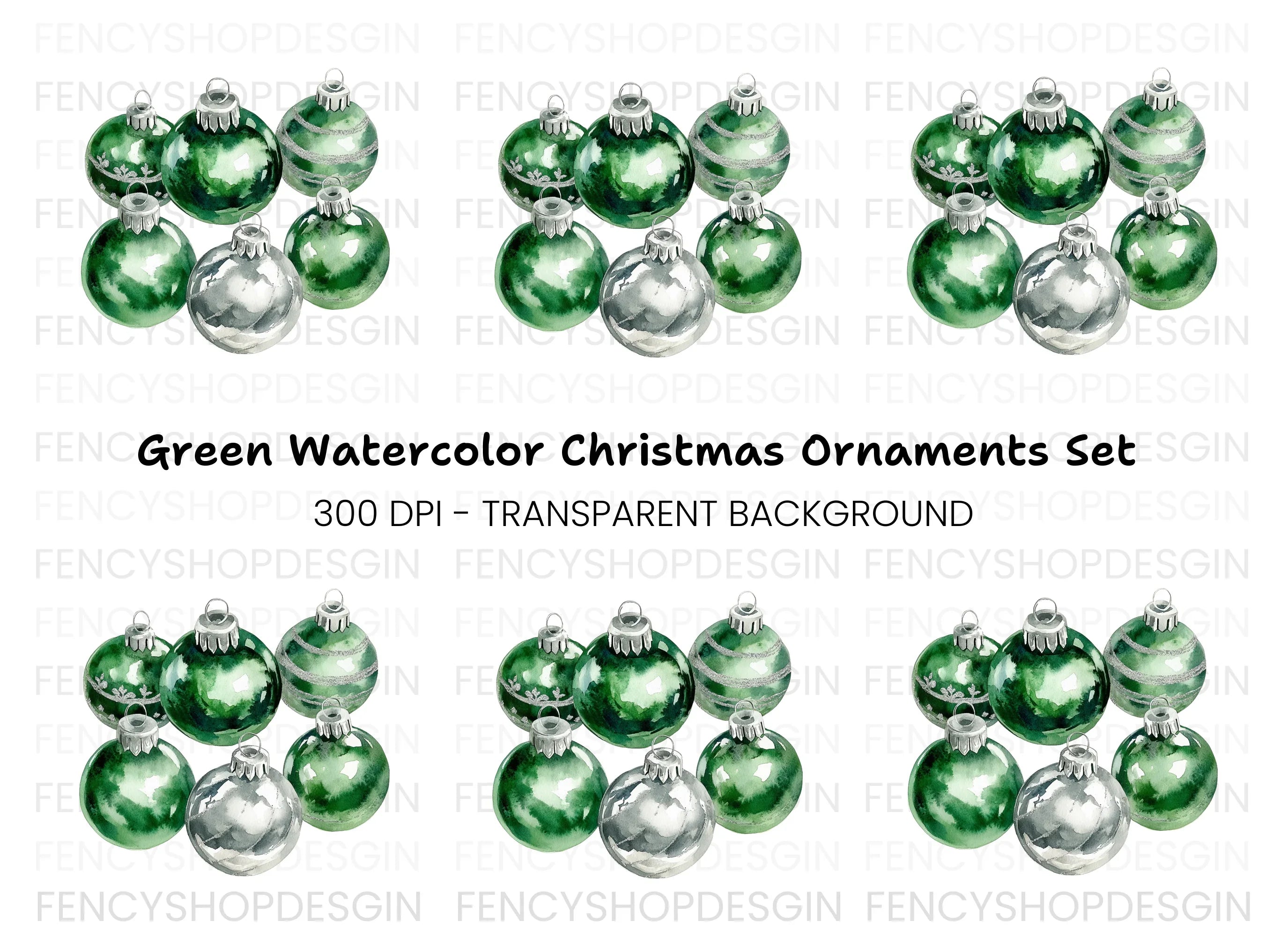 Green and Silver Christmas Baubles Clipart Bundle