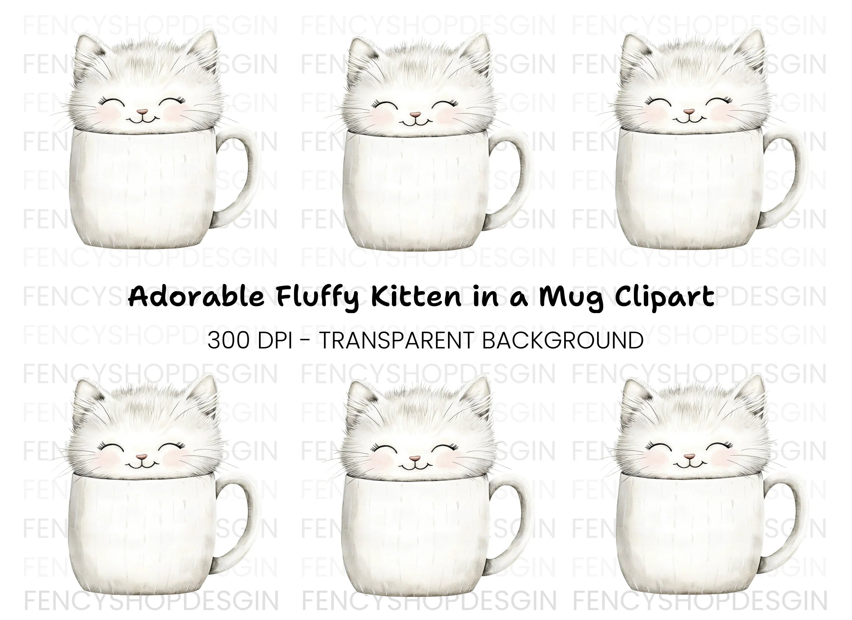 Happy White Fluffy Kitten Clipart Bundle