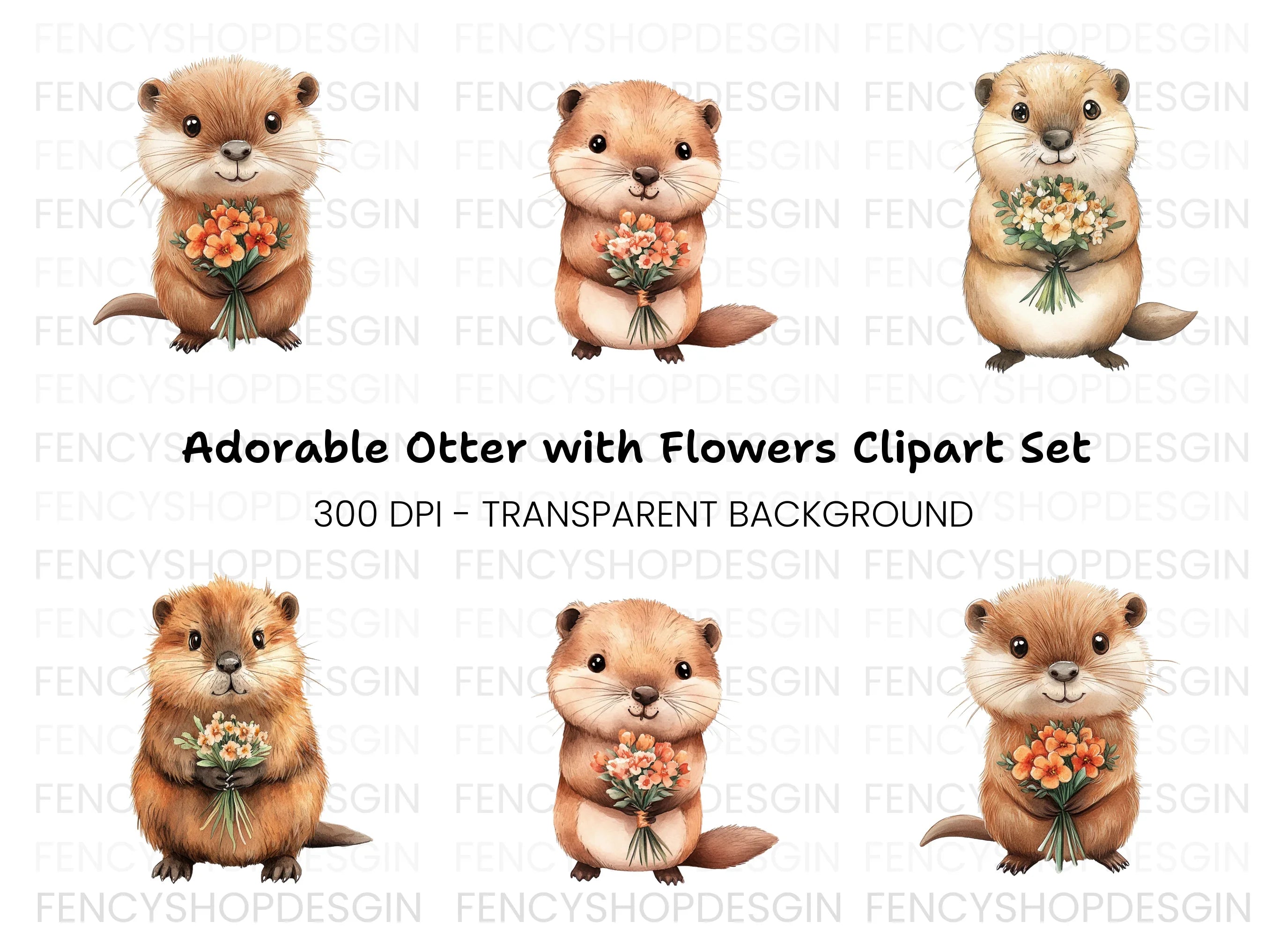 Cute Otters with Flower Bouquets Clipart Bundle