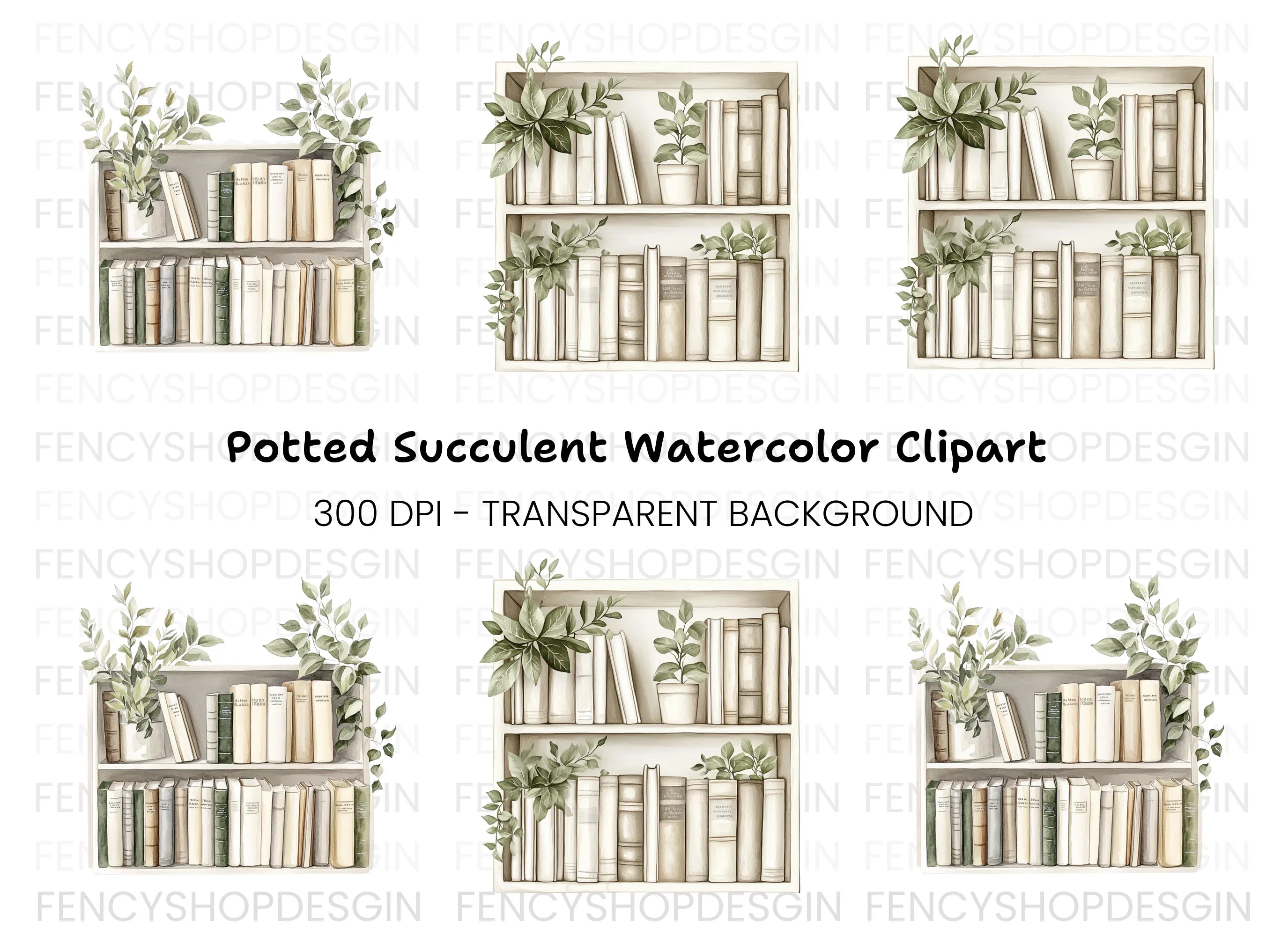 Bookshelf with Greenery Clipart Bundle