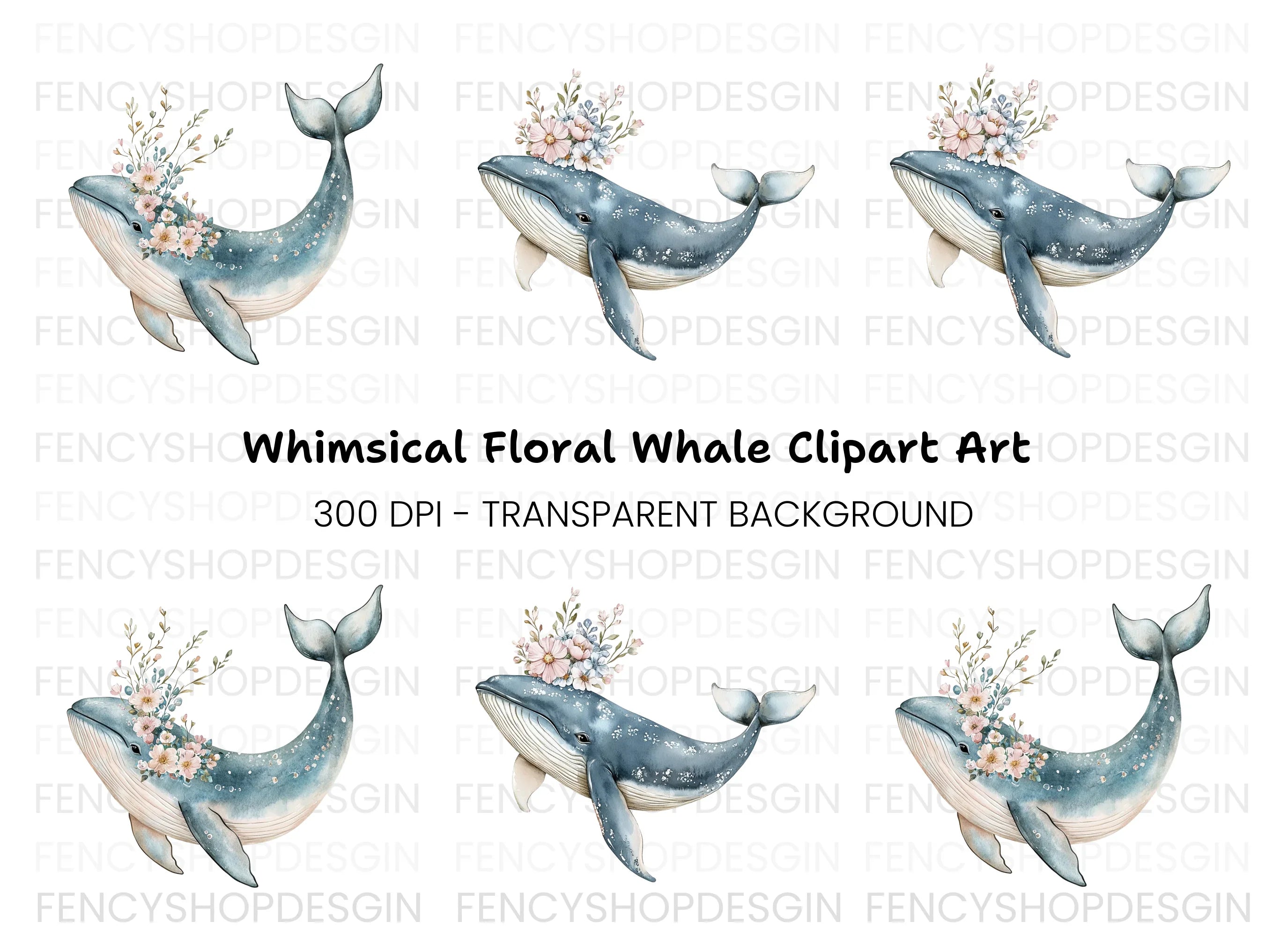 Floral Whales Clipart Bundle