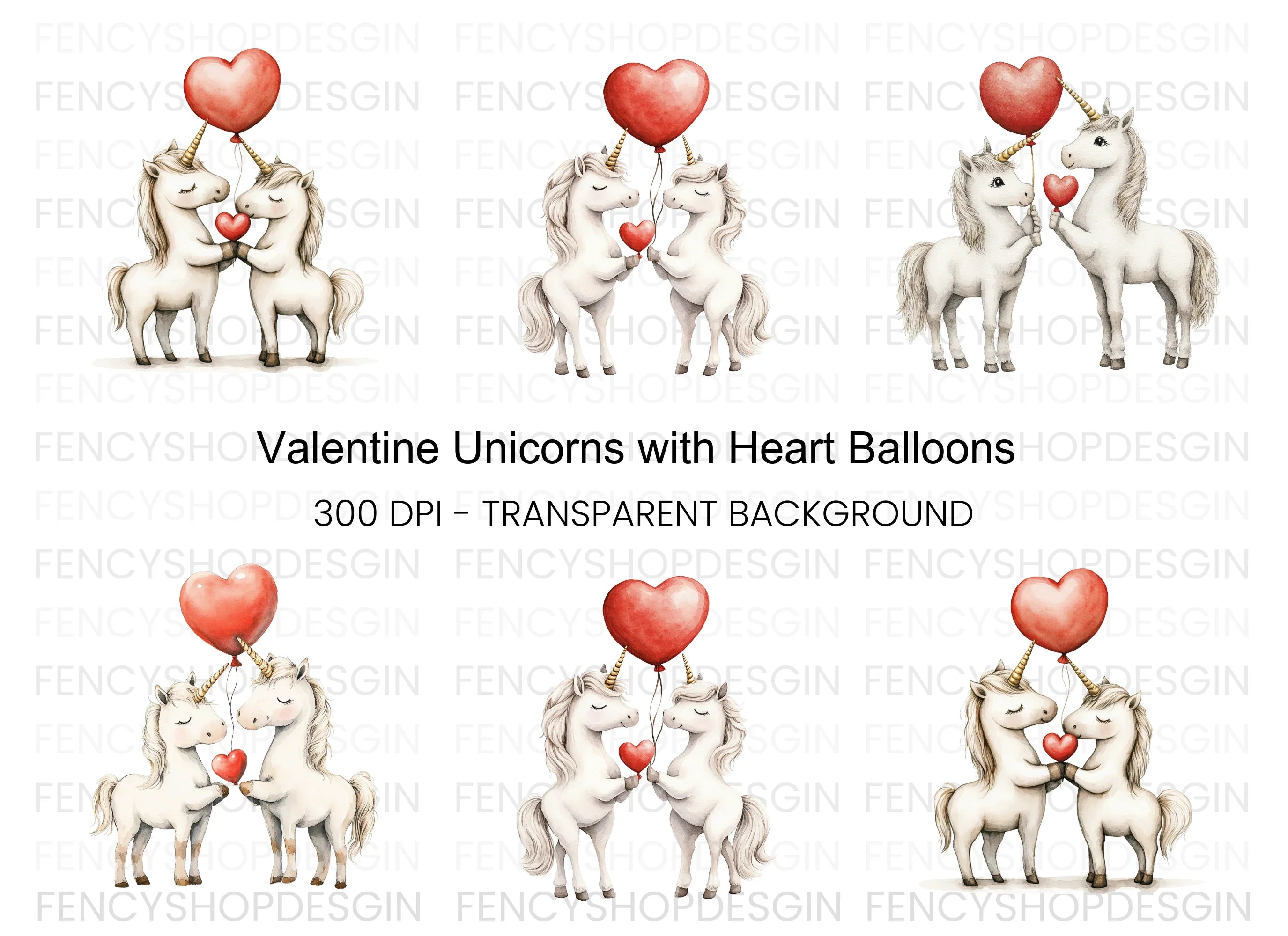 Cute Unicorns with Heart Balloons Clipart Bundle
