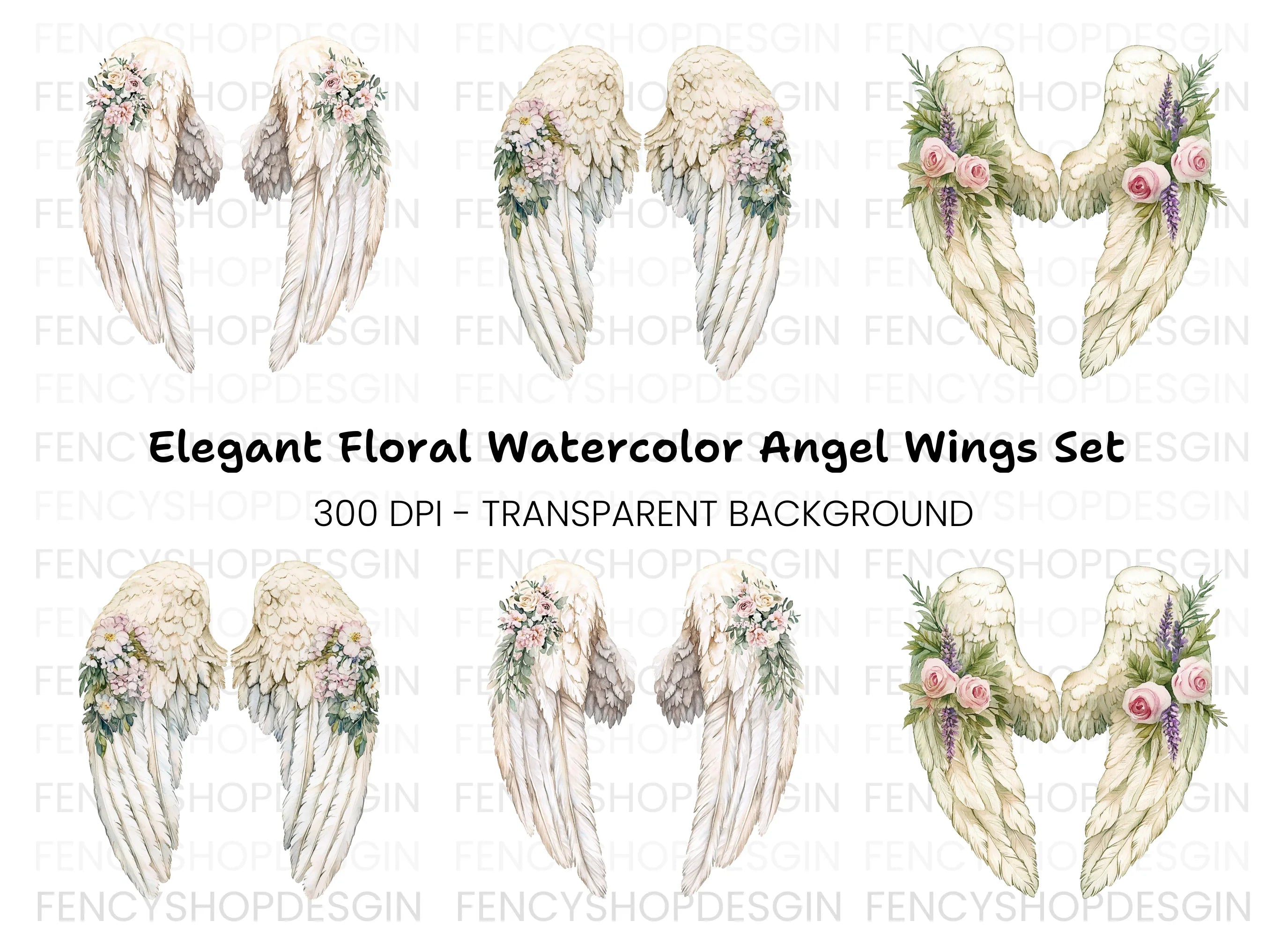 Elegant Angel Wings with Flowers Clipart Bundle