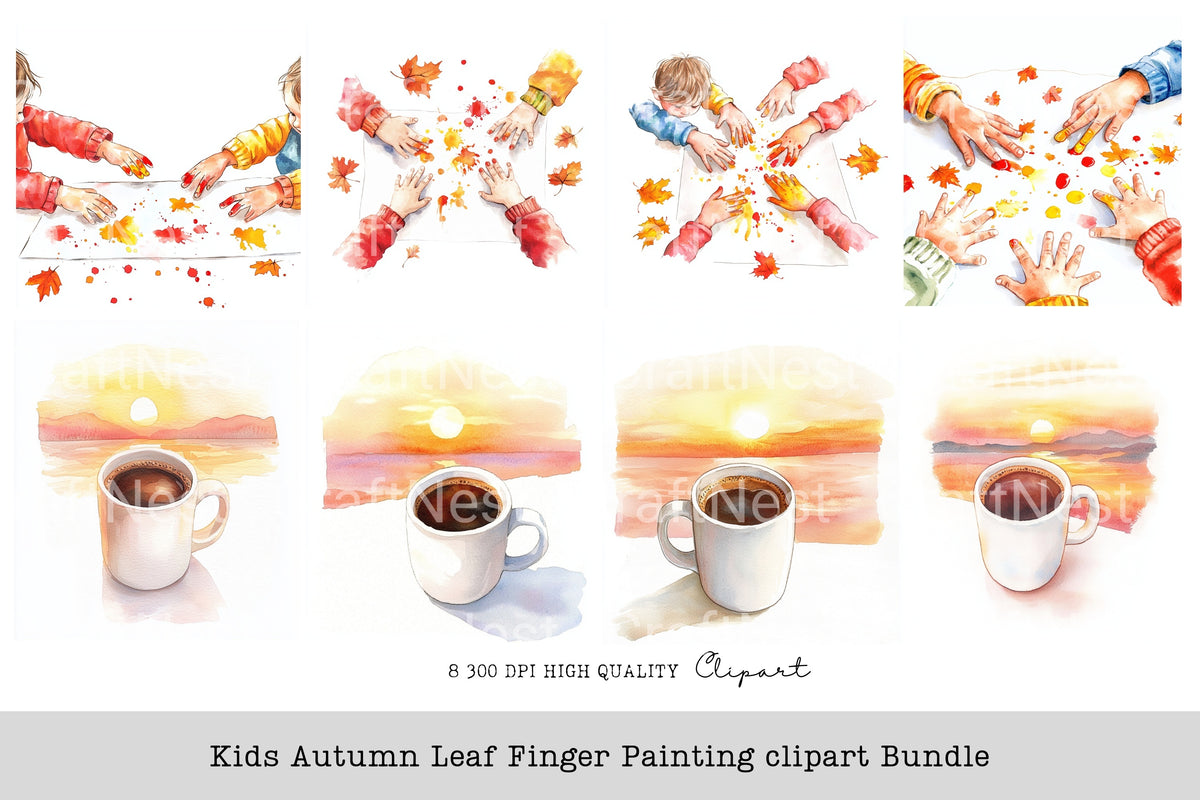 Kids Autumn Leaf Finger Painting Clipart Bundle
