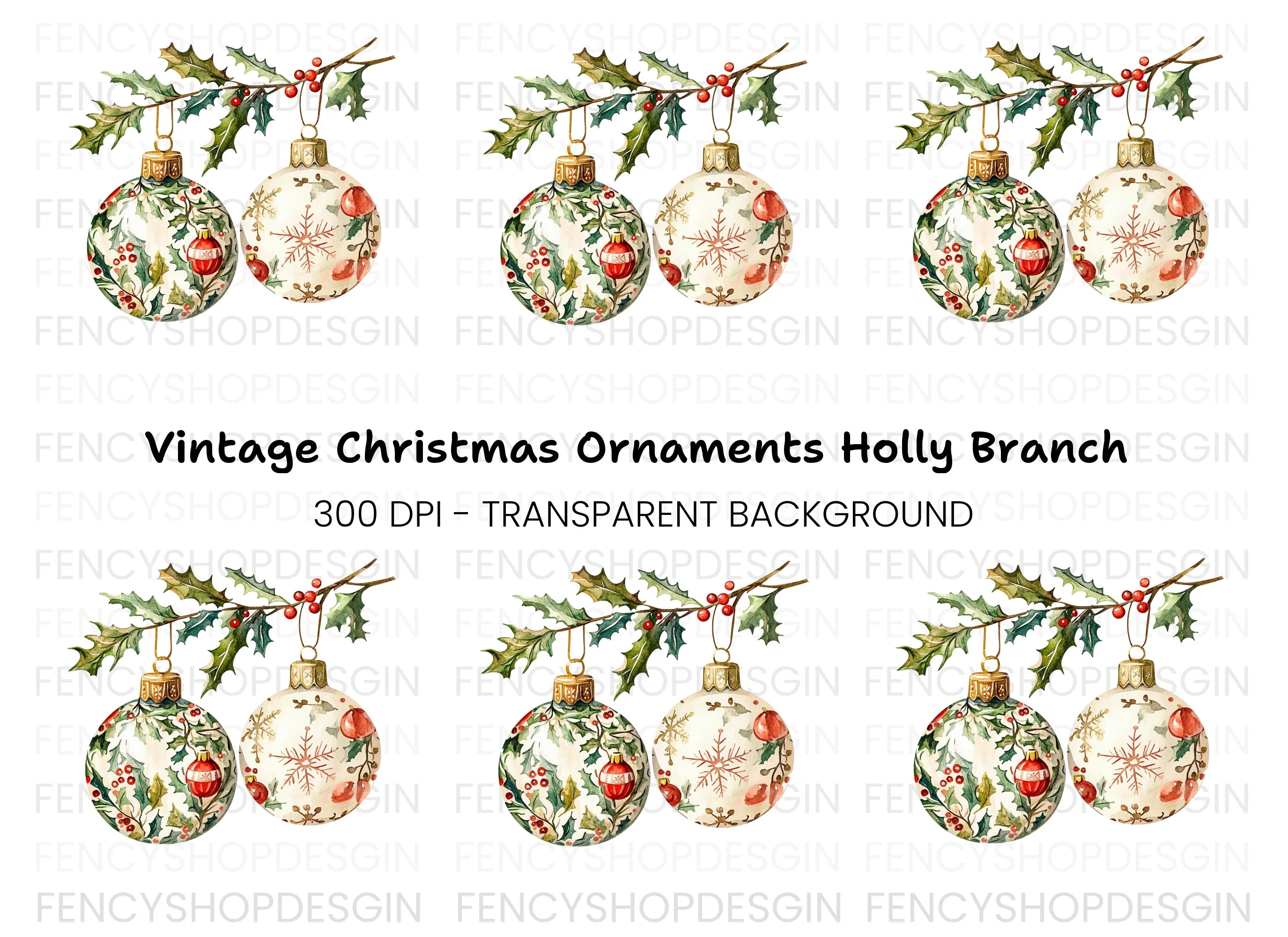 Holly Branch Christmas Ornaments Clipart Bundle