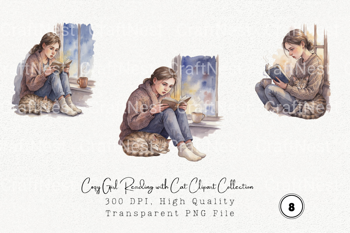 Cozy Girl Reading With Cat Clipart Bundle