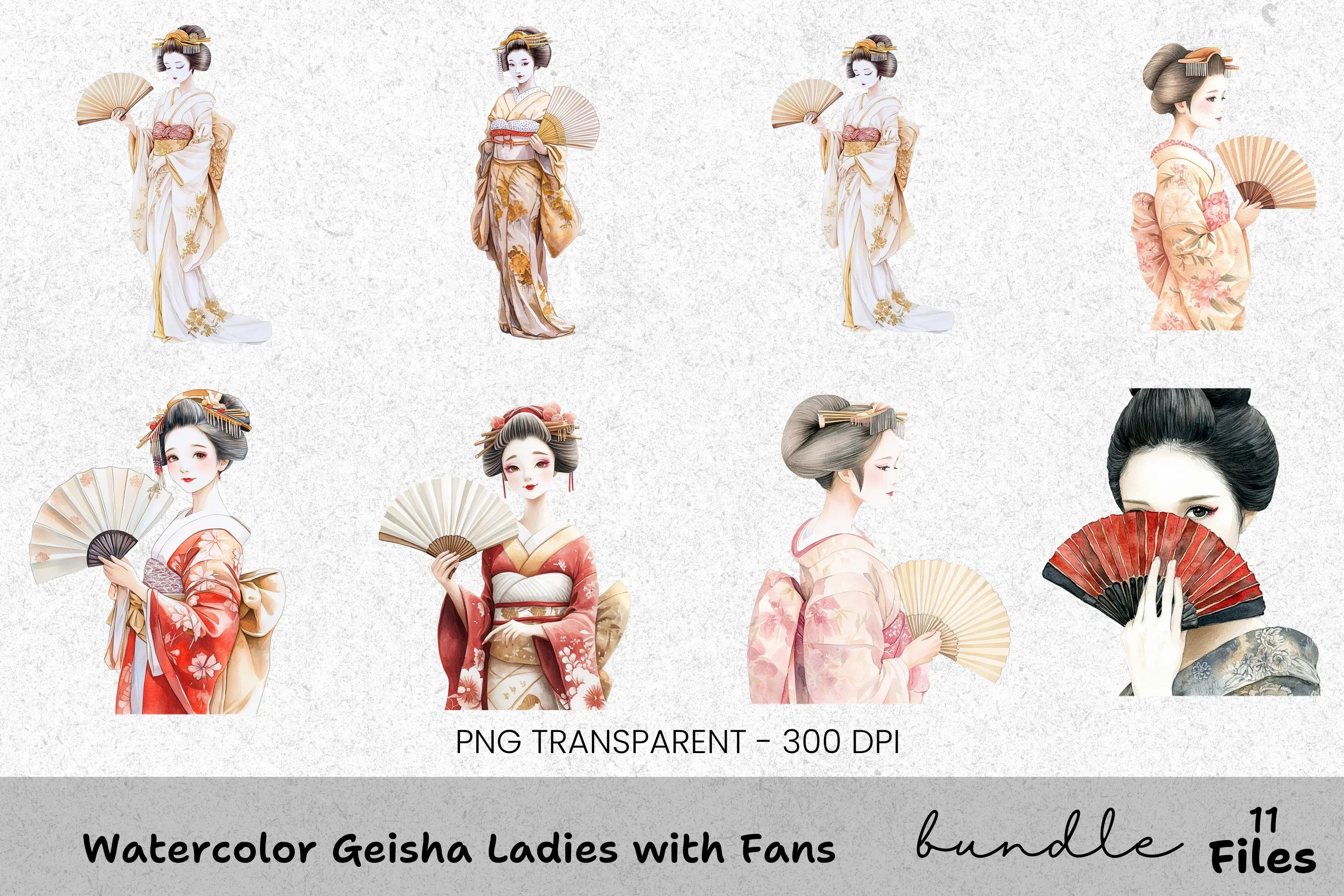 Geisha Ladies with Fans Clipart Bundle