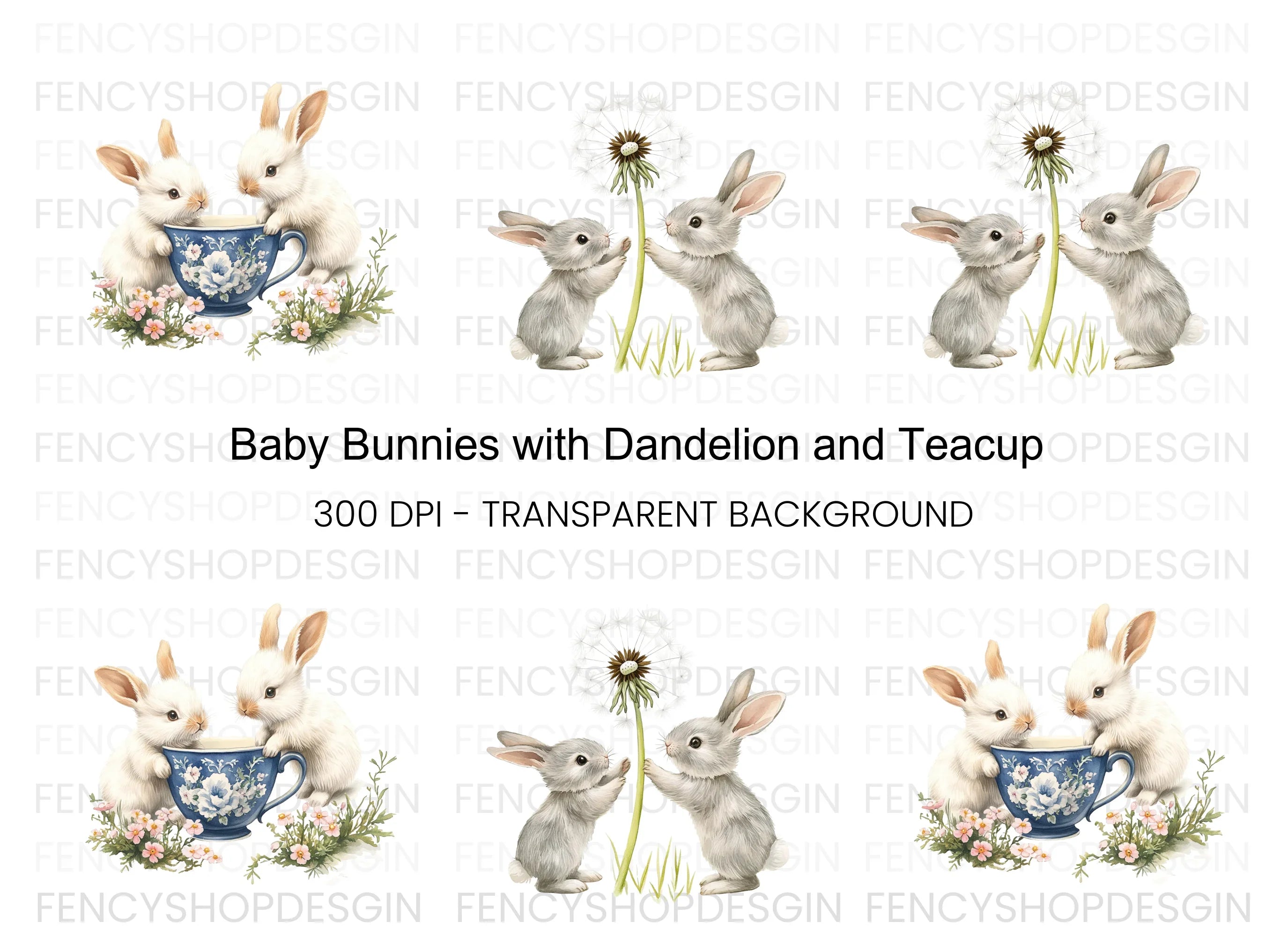 Playful Bunnies and Dandelion Clipart Bundle