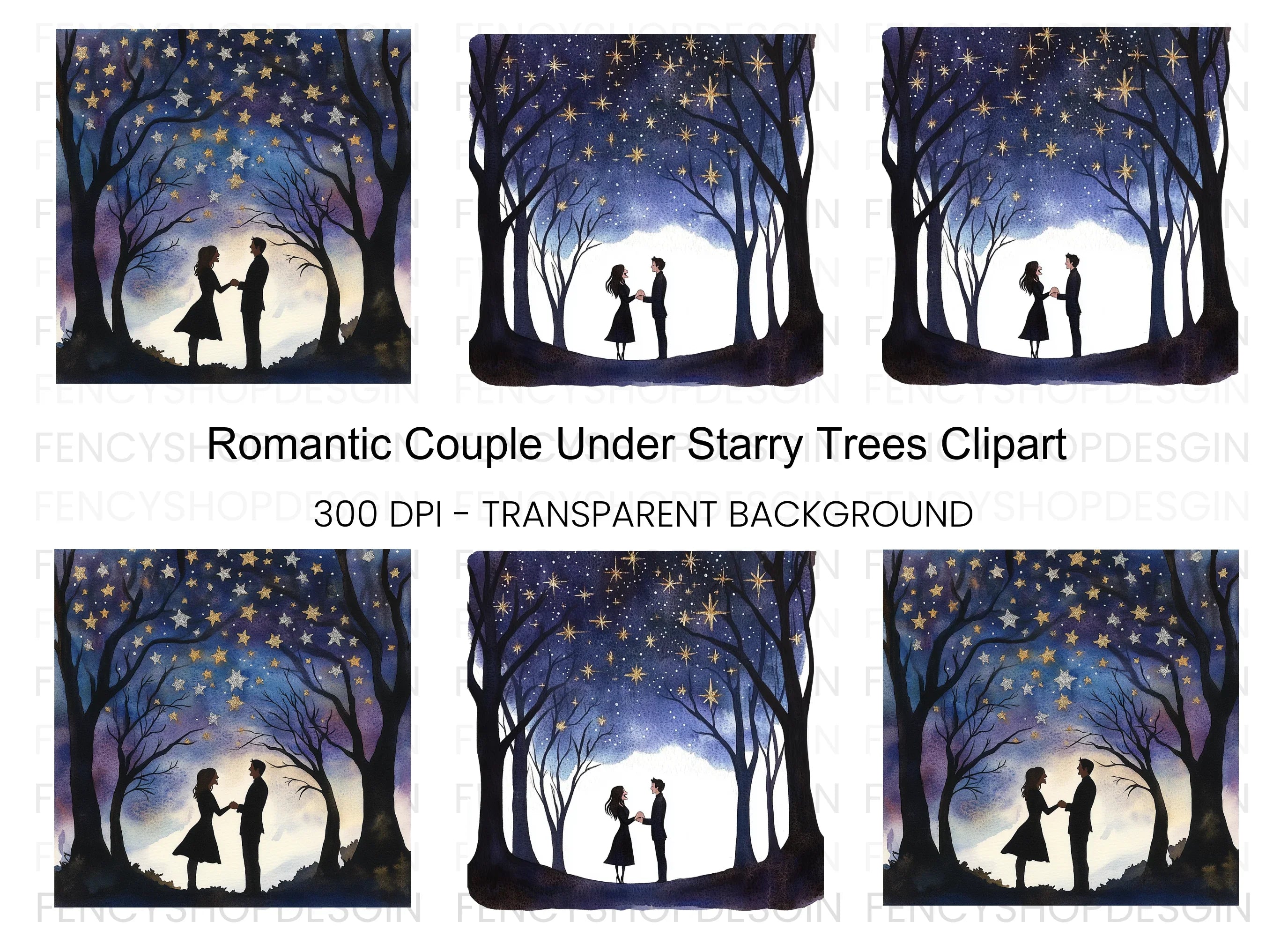 Romantic Couple Under Starry Trees Clipart Bundle