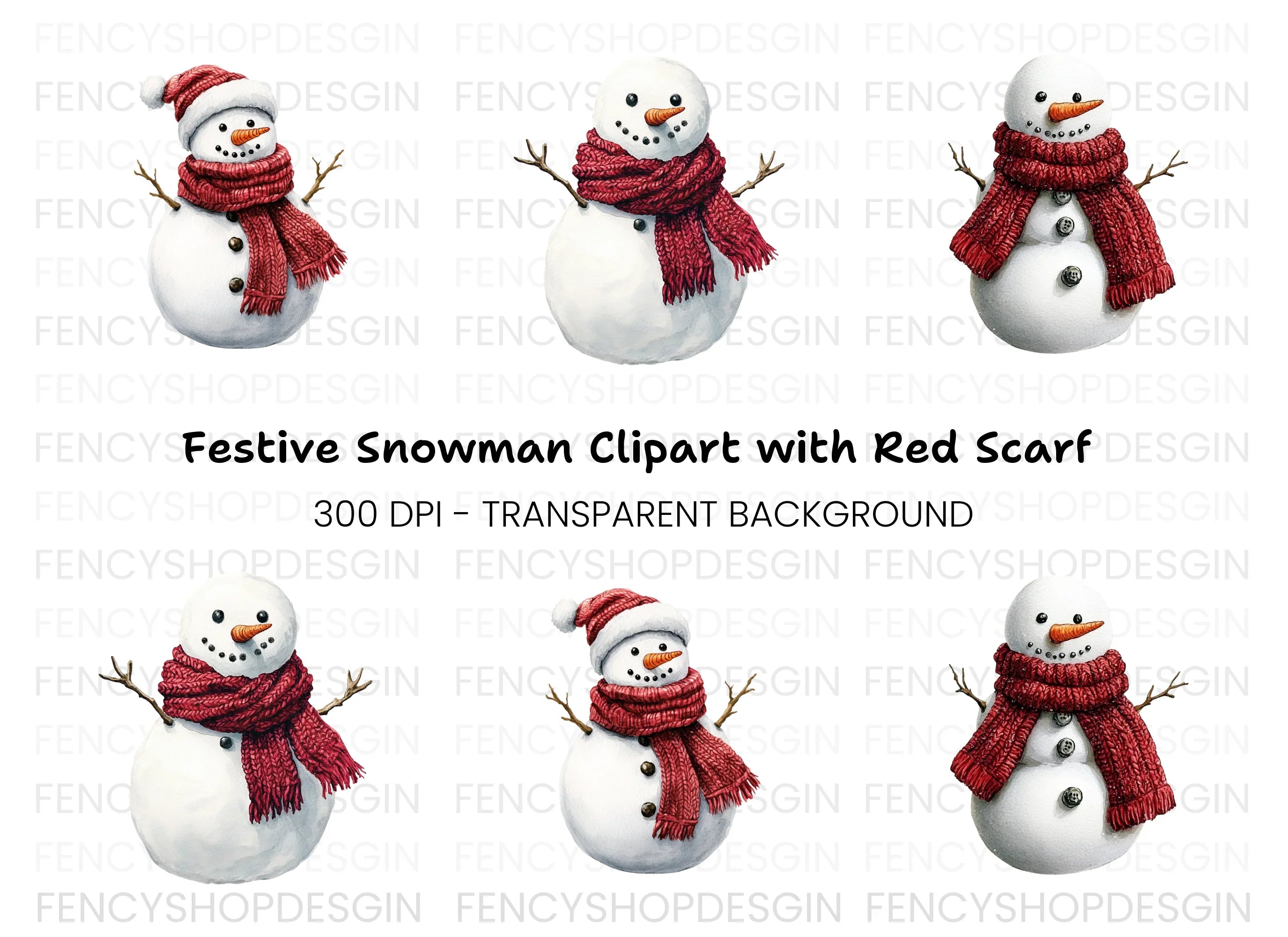 Festive Red Scarf Snowman Clipart Bundle