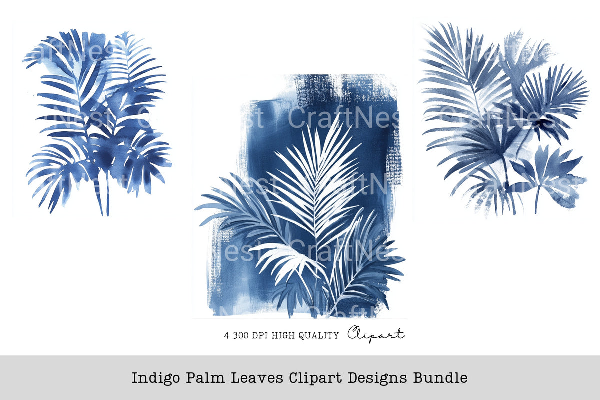 Indigo Palm Leaves Designs Clipart Bundle
