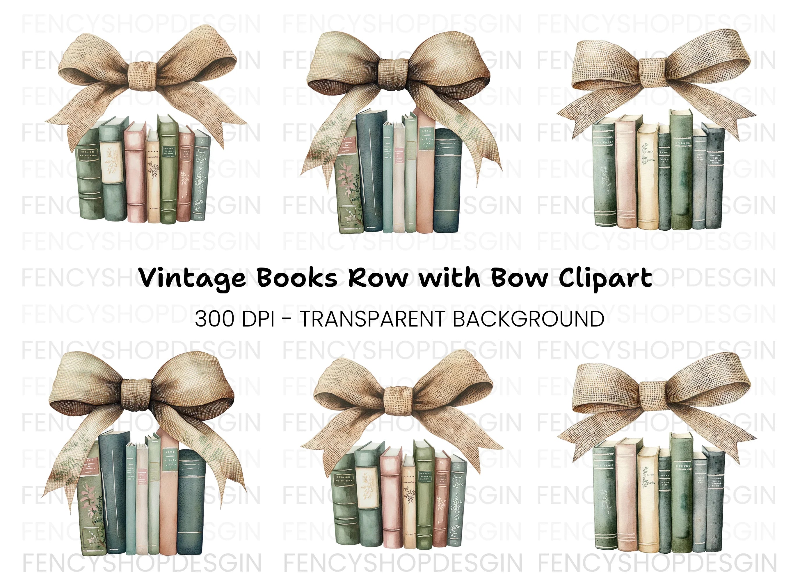 Vintage Books with Burlap Bow Clipart Bundle
