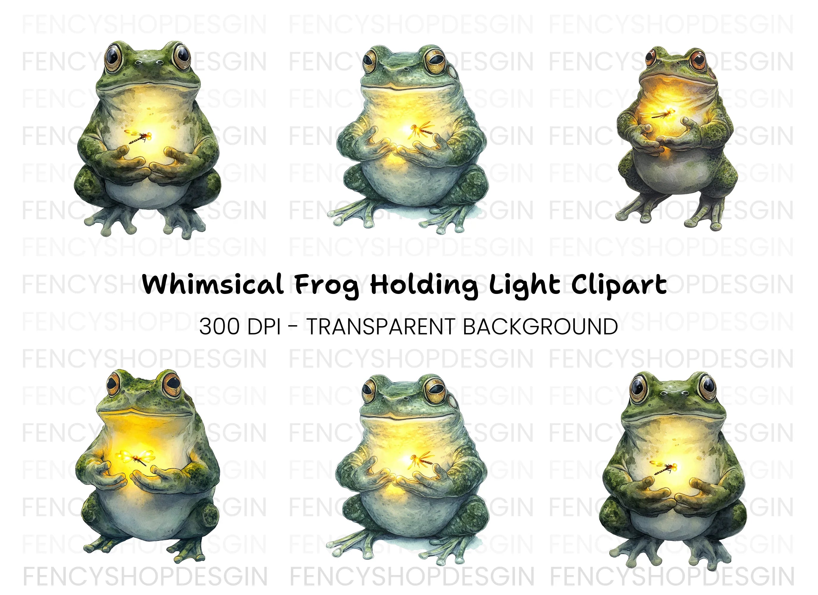 Magical Frogs Holding Fireflies Clipart Bundle