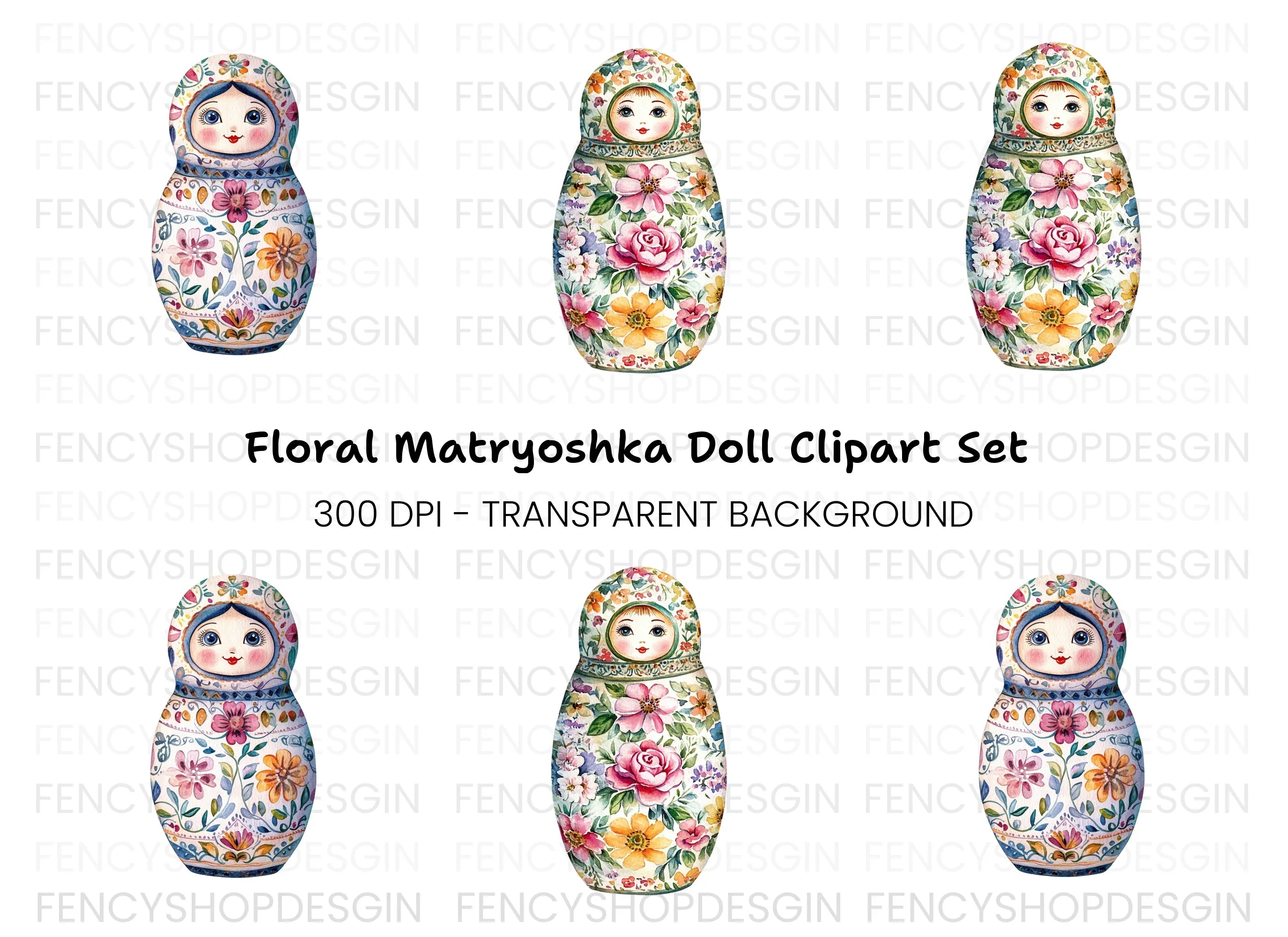 Floral Russian Nesting Dolls Clipart Bundle