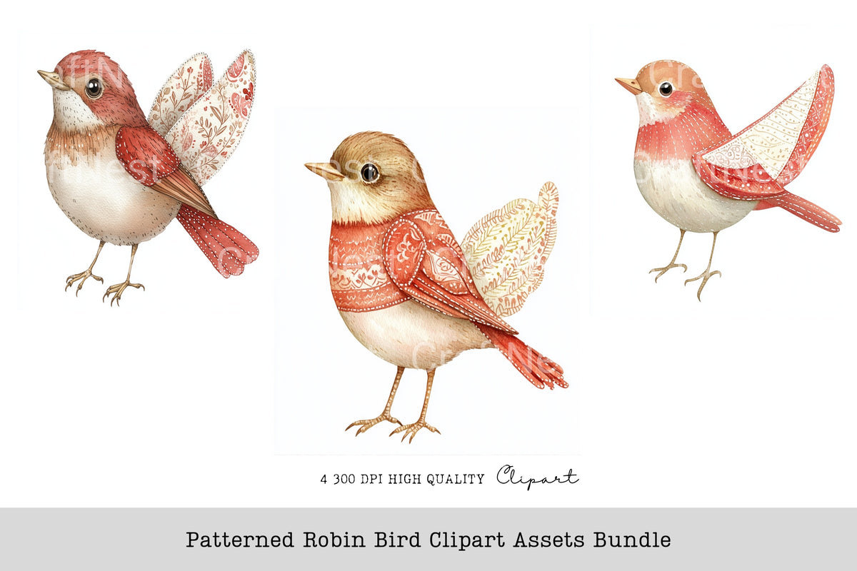 Patterned Robin Bird Clipart Bundle