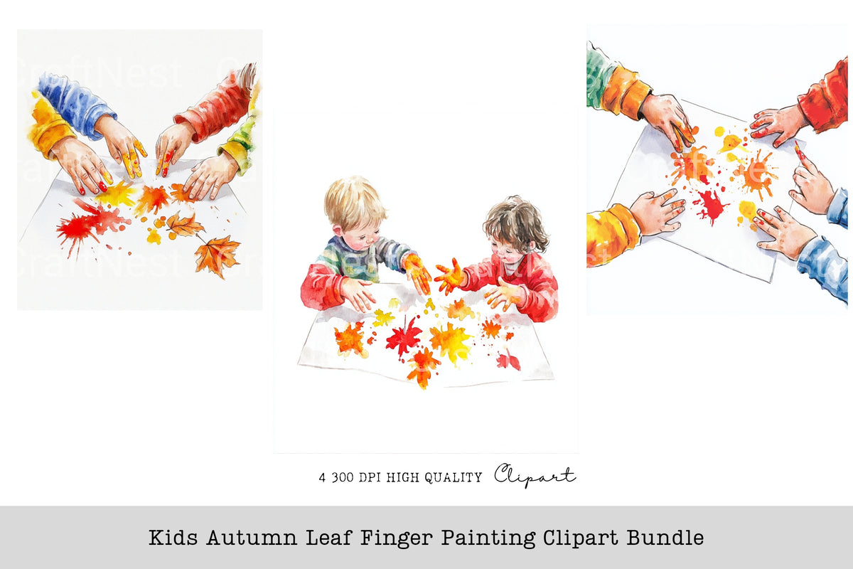 Kids Autumn Leaf Finger Painting Clipart Bundle