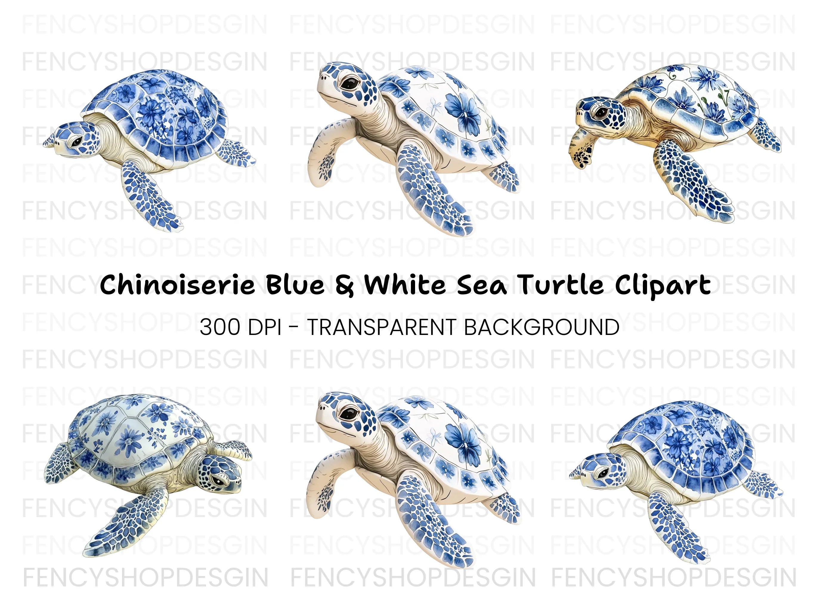 Chinoiserie Sea Turtle Clipart Bundle