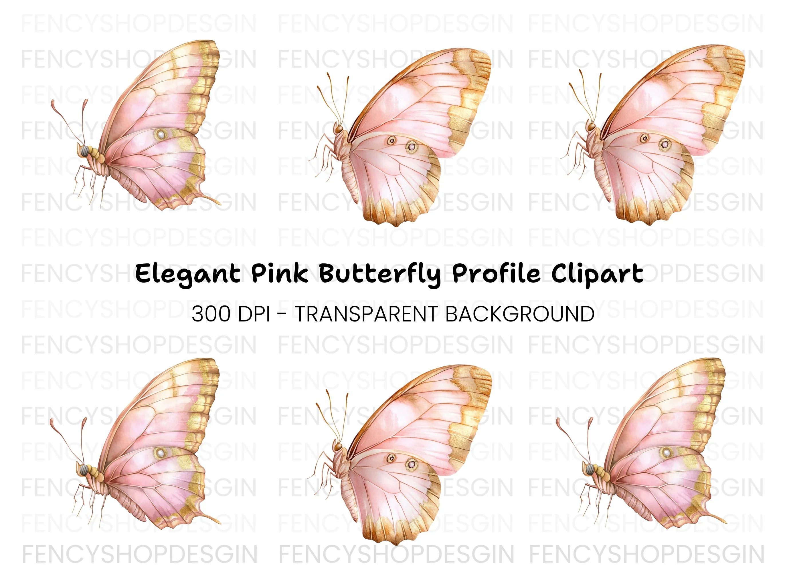 Side View Pink and Gold Butterfly Clipart Bundle