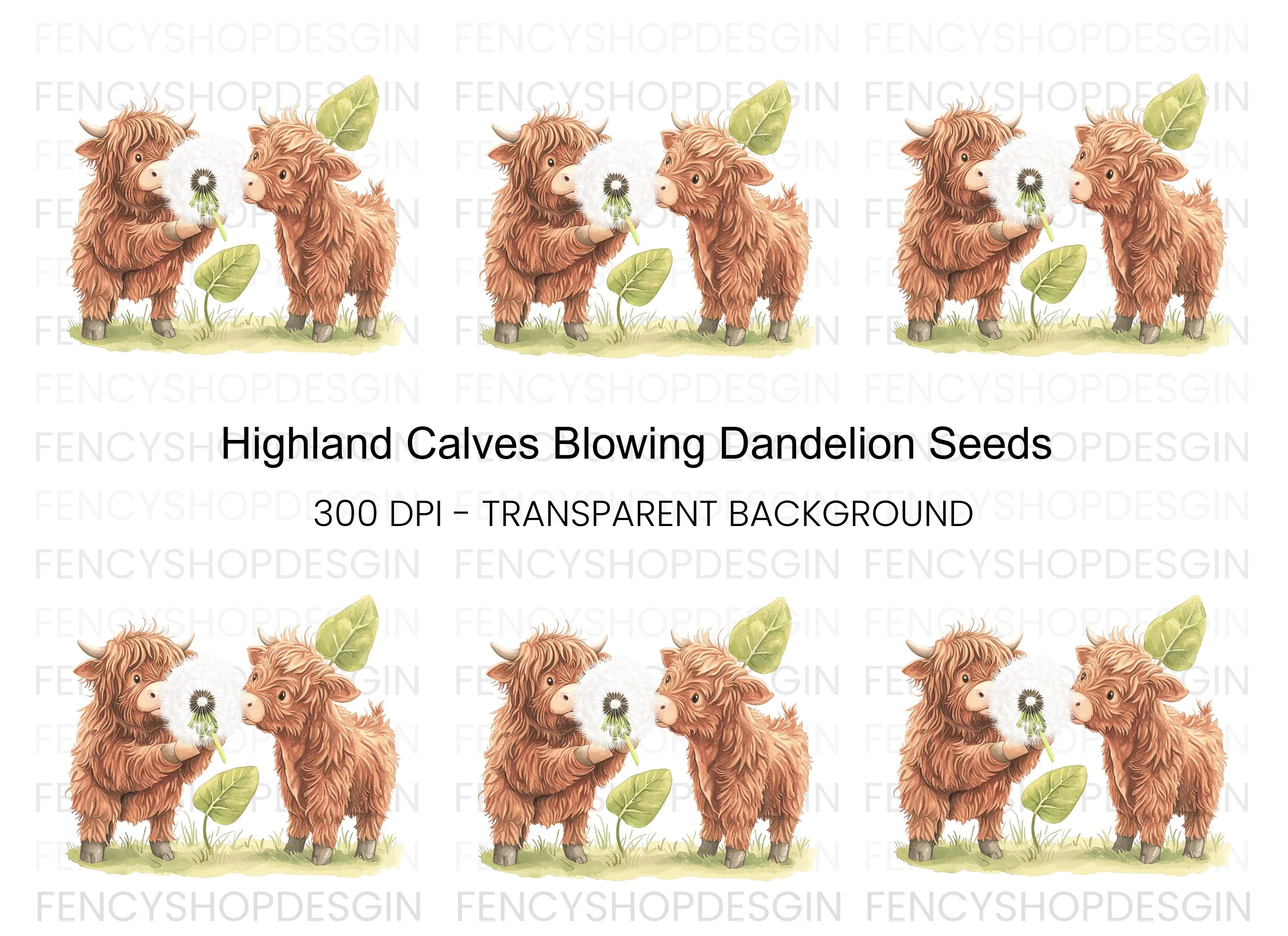 Highland Calf Blowing Dandelion Clipart Bundle