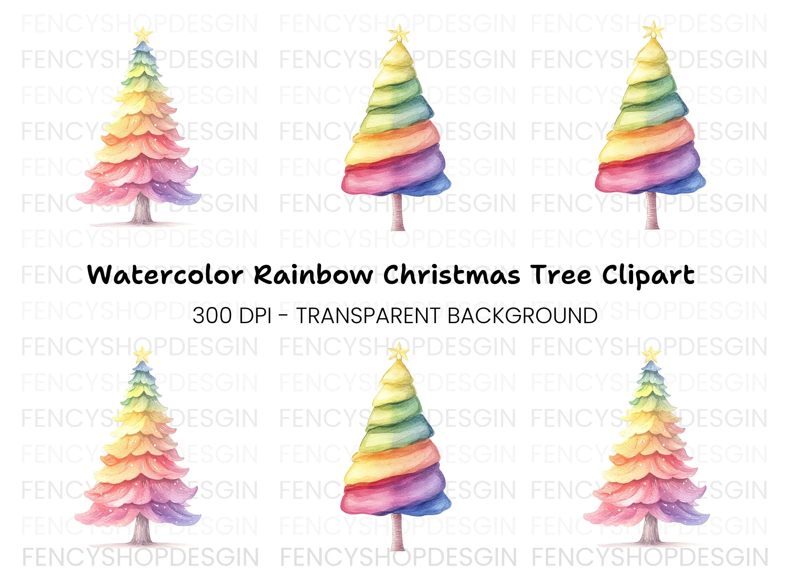 Hand Painted Rainbow Christmas Tree Clipart Bundle