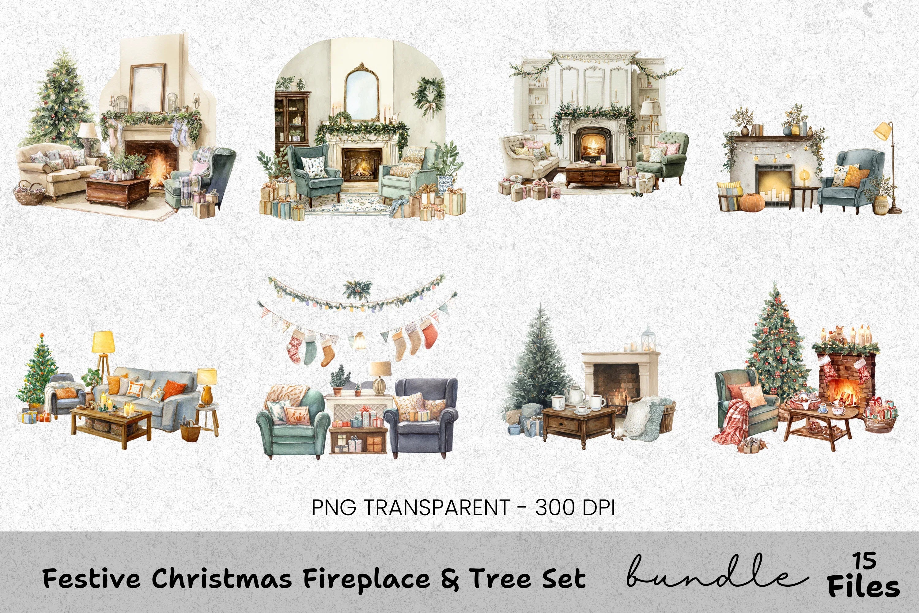 Cozy Christmas Fireplace Clipart Bundle