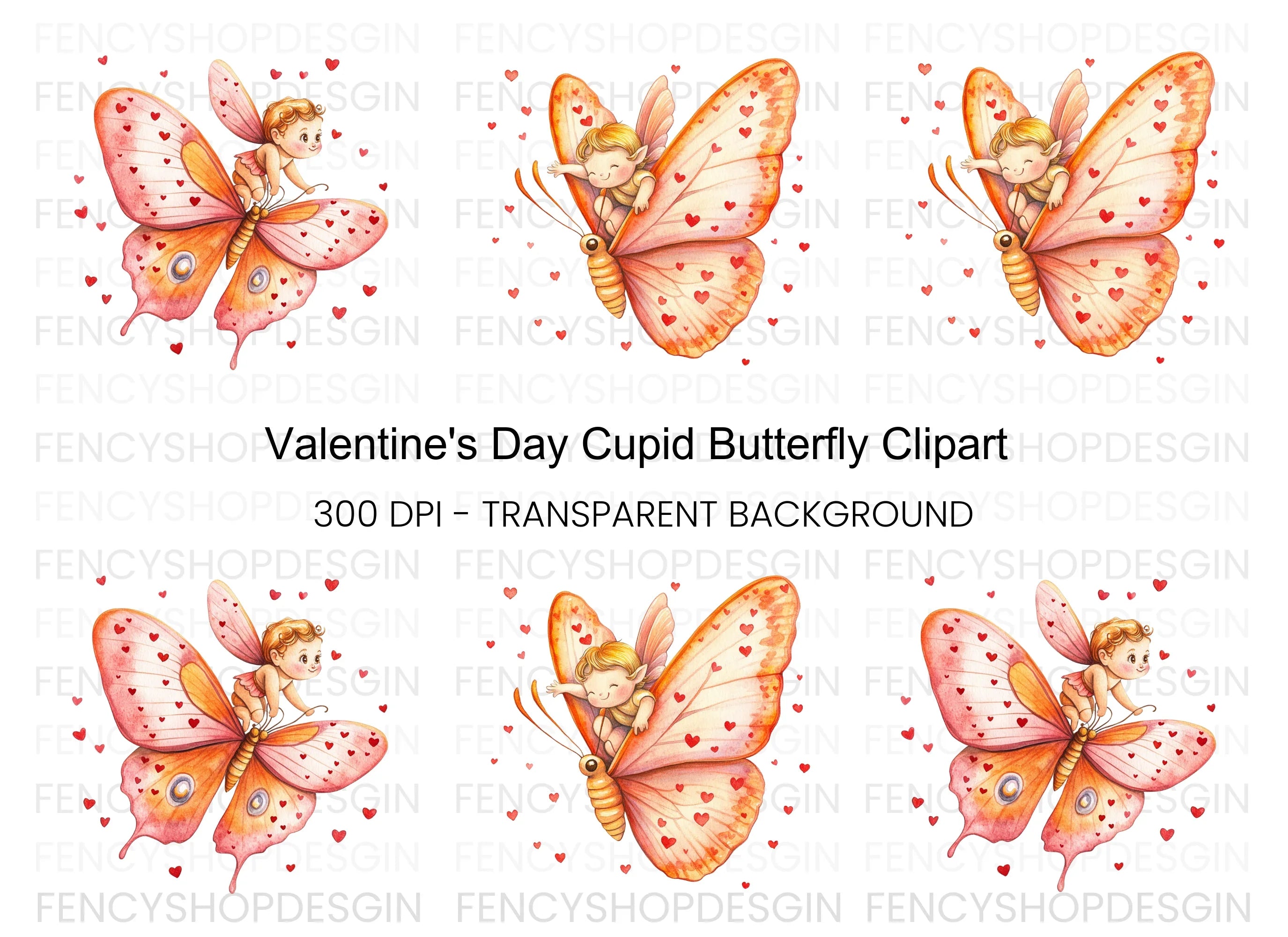 Cute Cupid Riding Butterfly Clipart Bundle