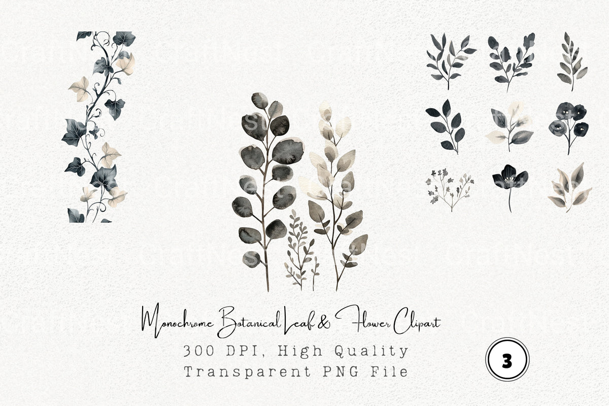Monochrome Botanical Leaf Flower Clipart Bundle