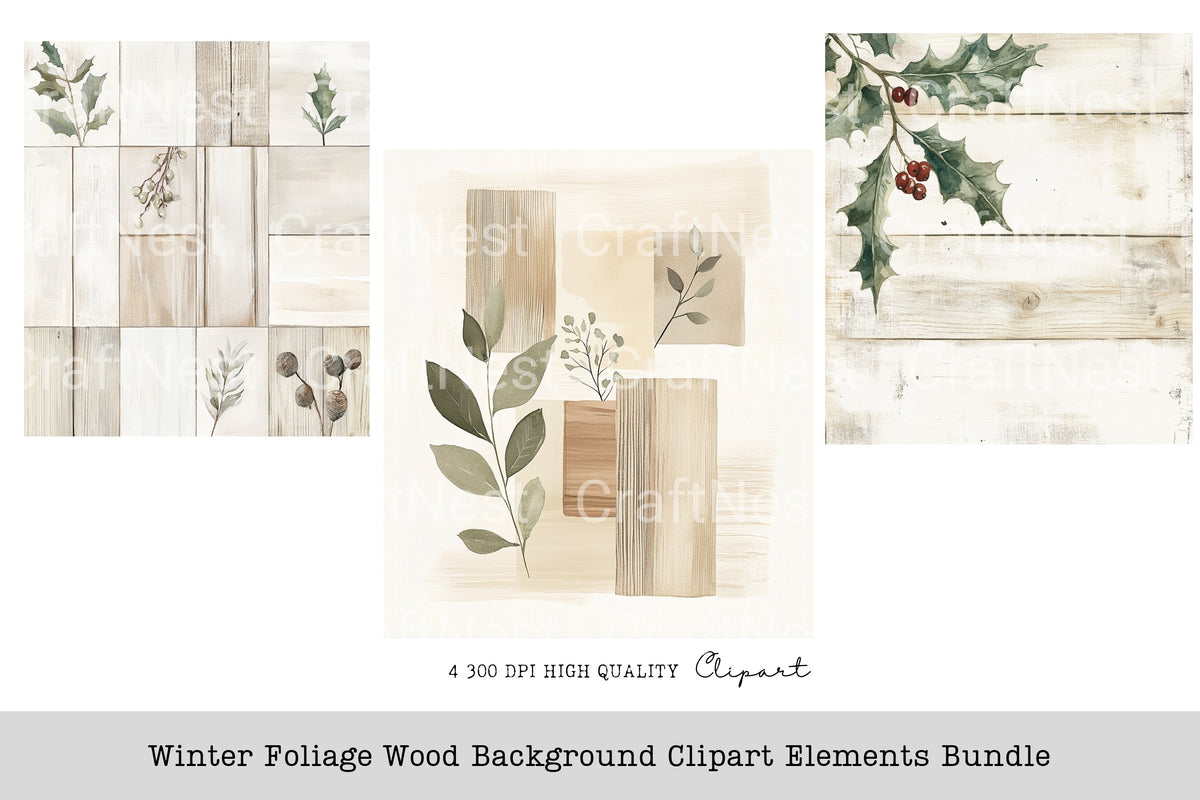 Winter Foliage Wood Background Elements Clipart Bundle