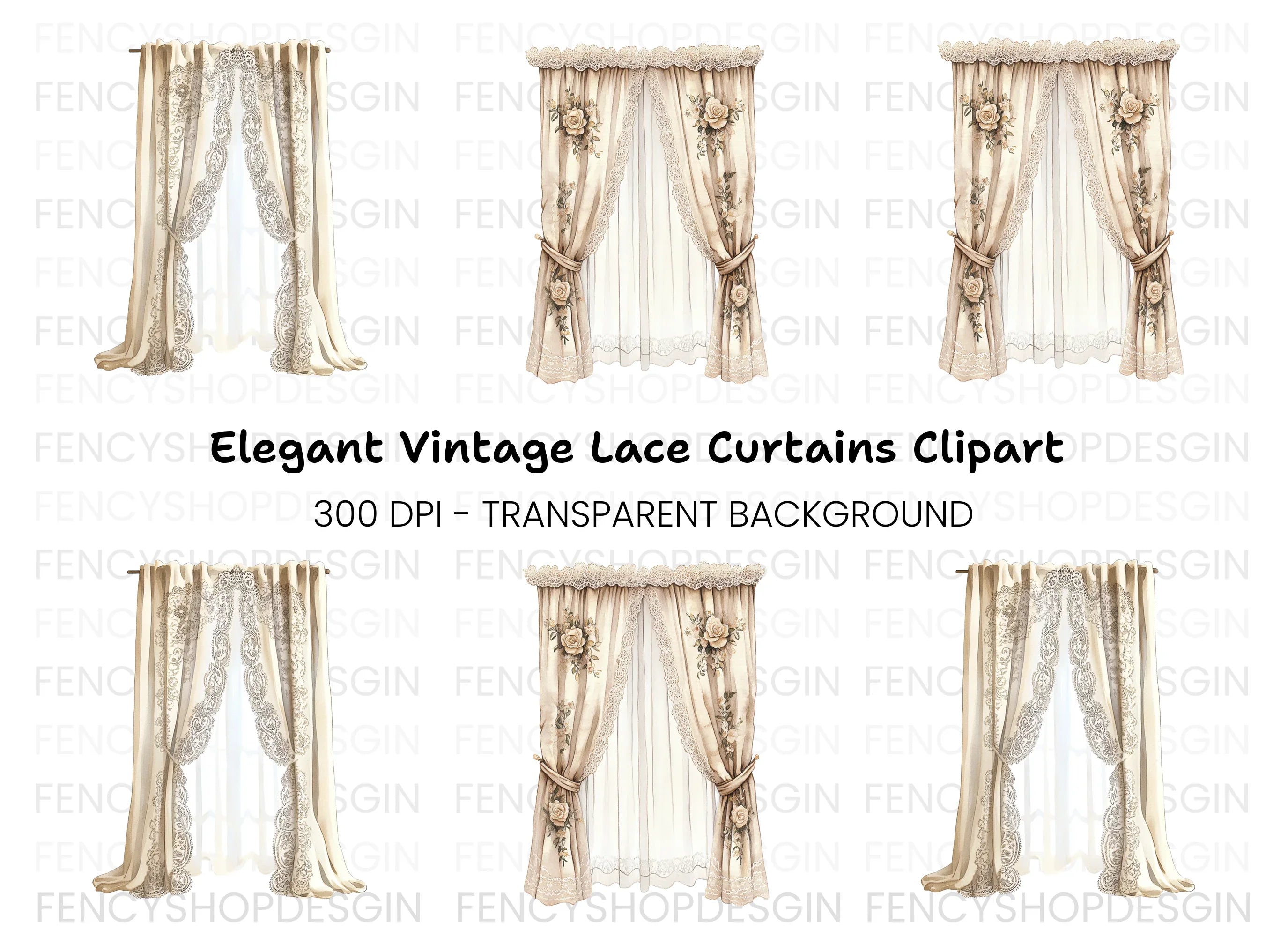 Vintage Floral Lace Curtain Clipart Bundle