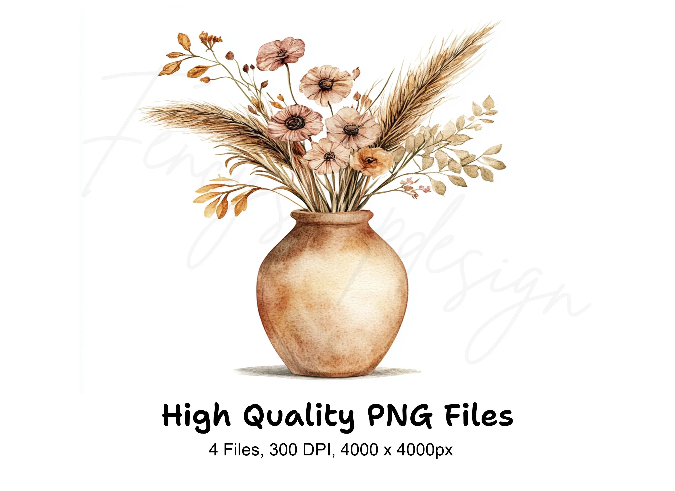 Boho Pampas Grass & Floral Vases Clipart Bundle
