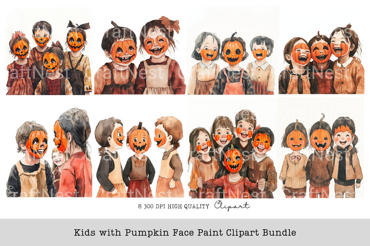 Kids With Pumpkin Face Paint Clipart Bundle
