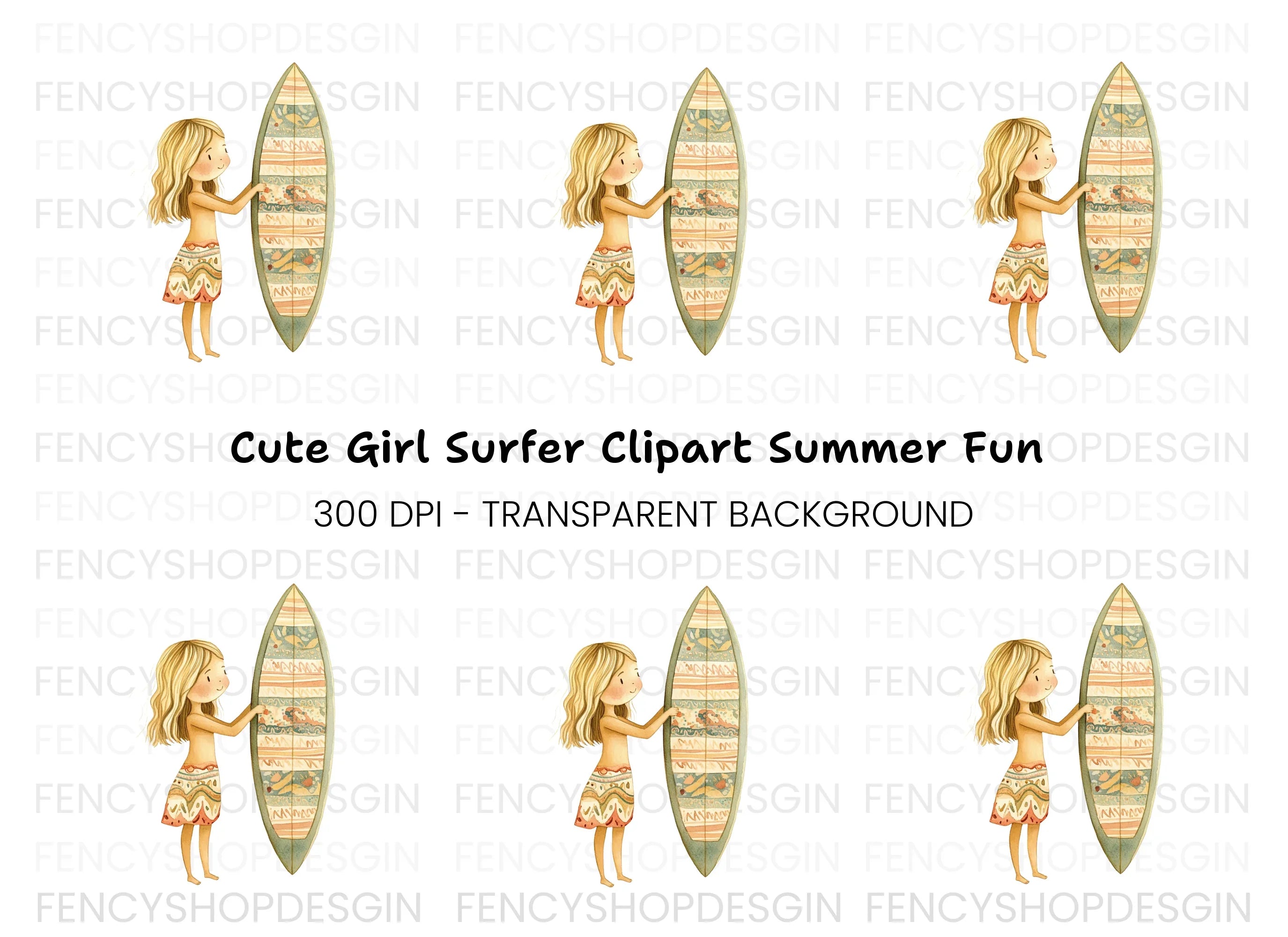 Cute Girl with Surfboard Clipart Bundle