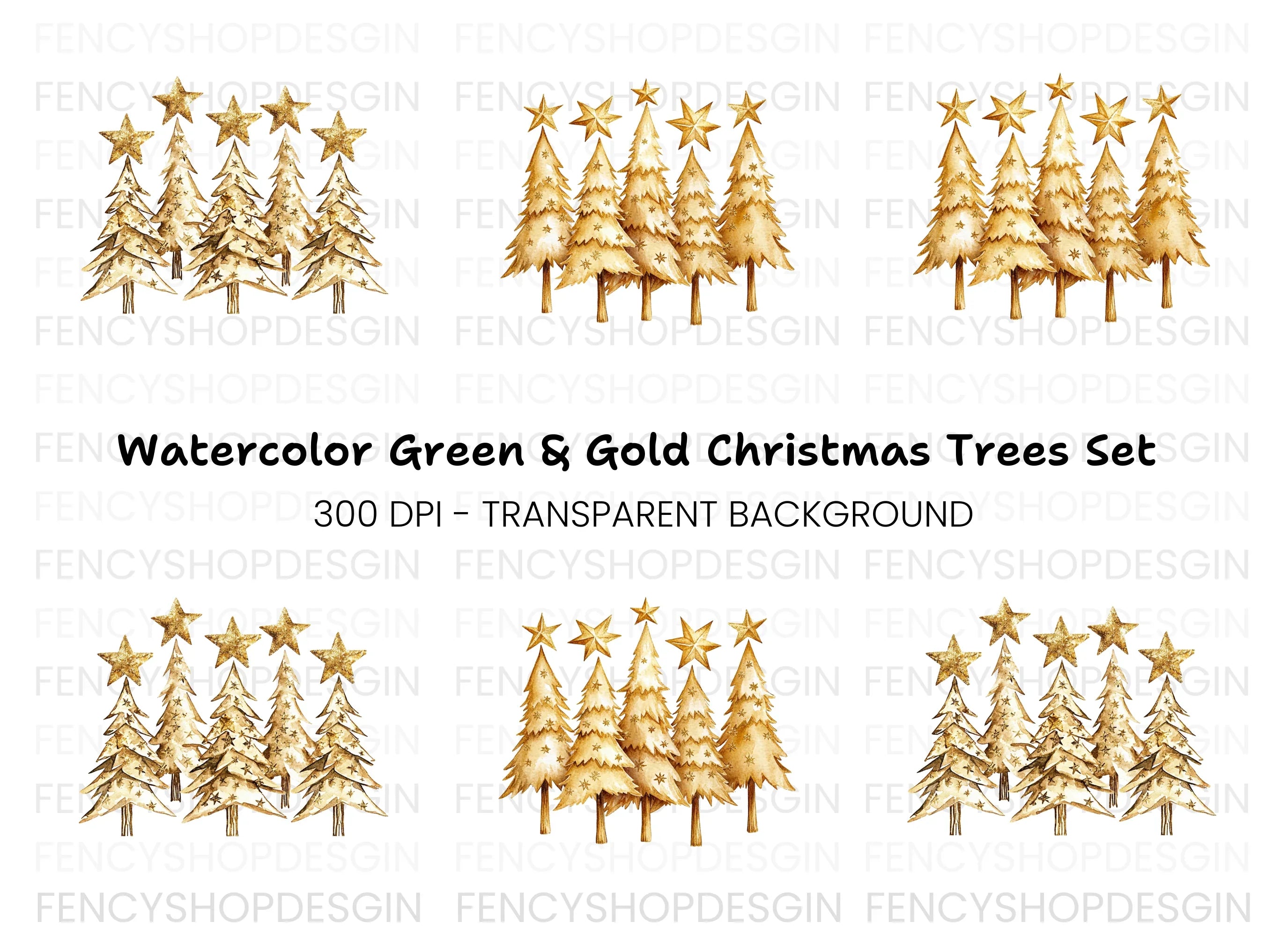 Golden Christmas Tree Clipart Bundle