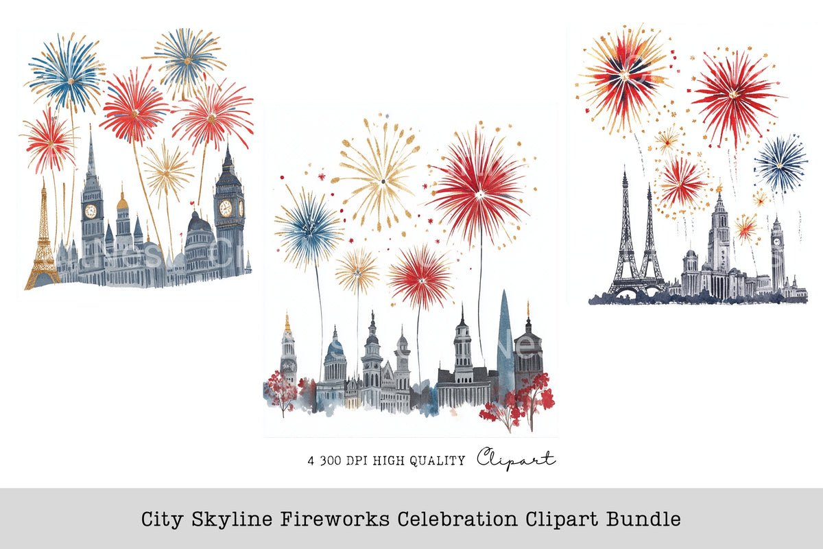 City Skyline Fireworks Celebration Clipart Bundle