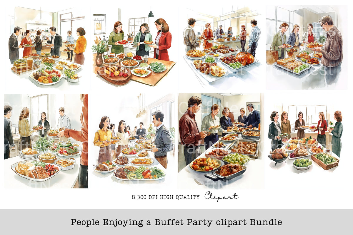 People Enjoying Buffet Party Clipart Bundle