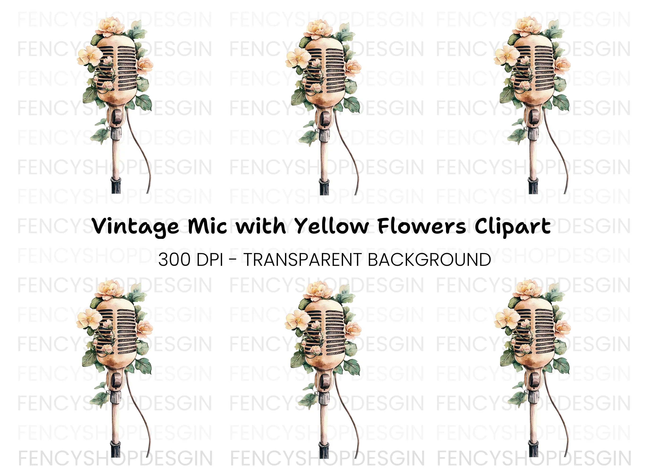 Retro Microphone with Peach Floral Accents Clipart Bundle