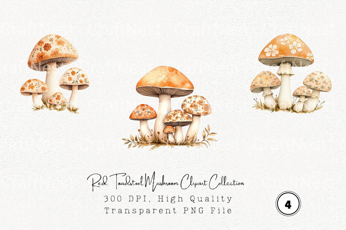 Red Toadstool Mushroom Clipart Bundle