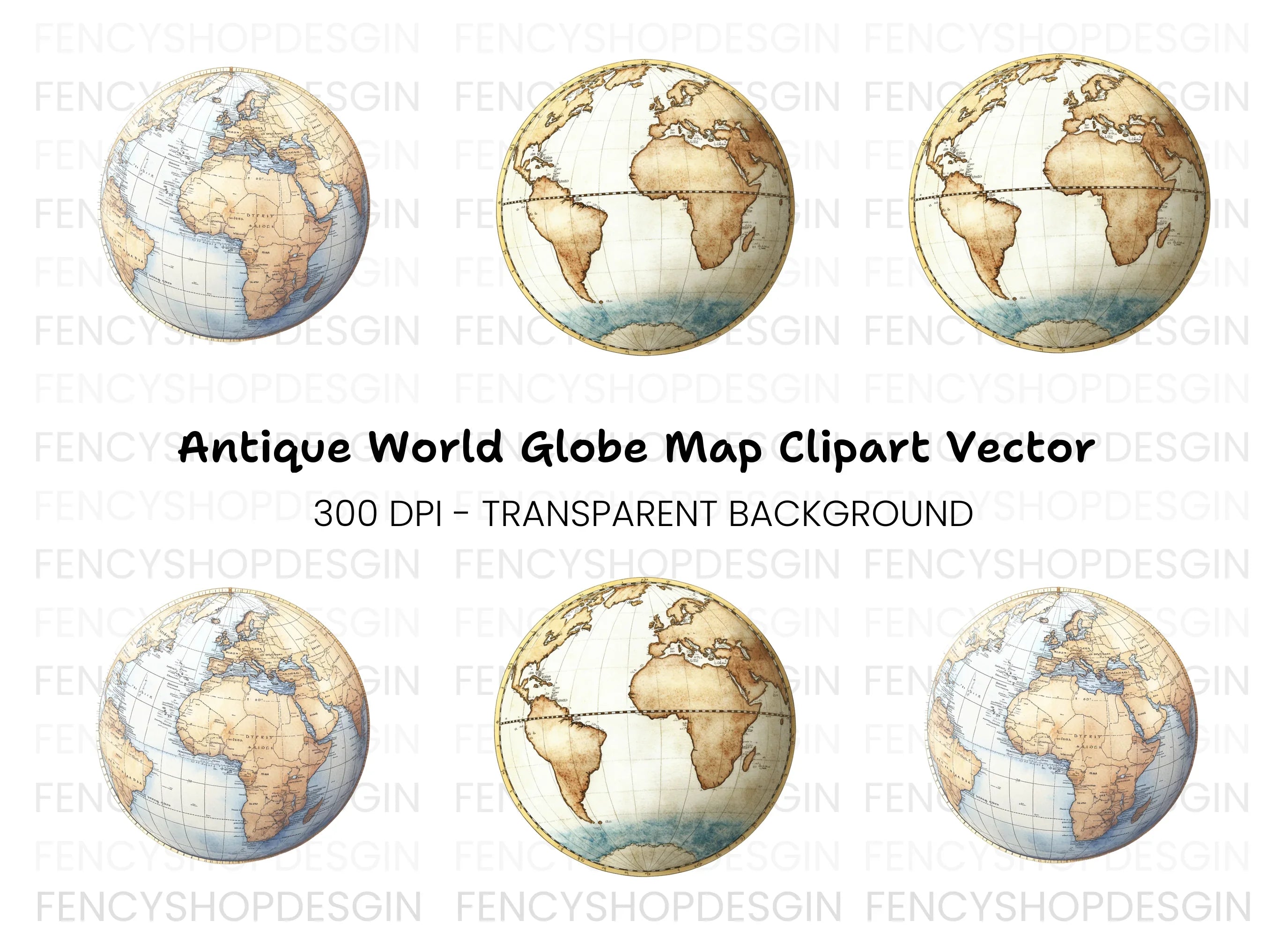 Vintage World Map Globes Clipart Bundle