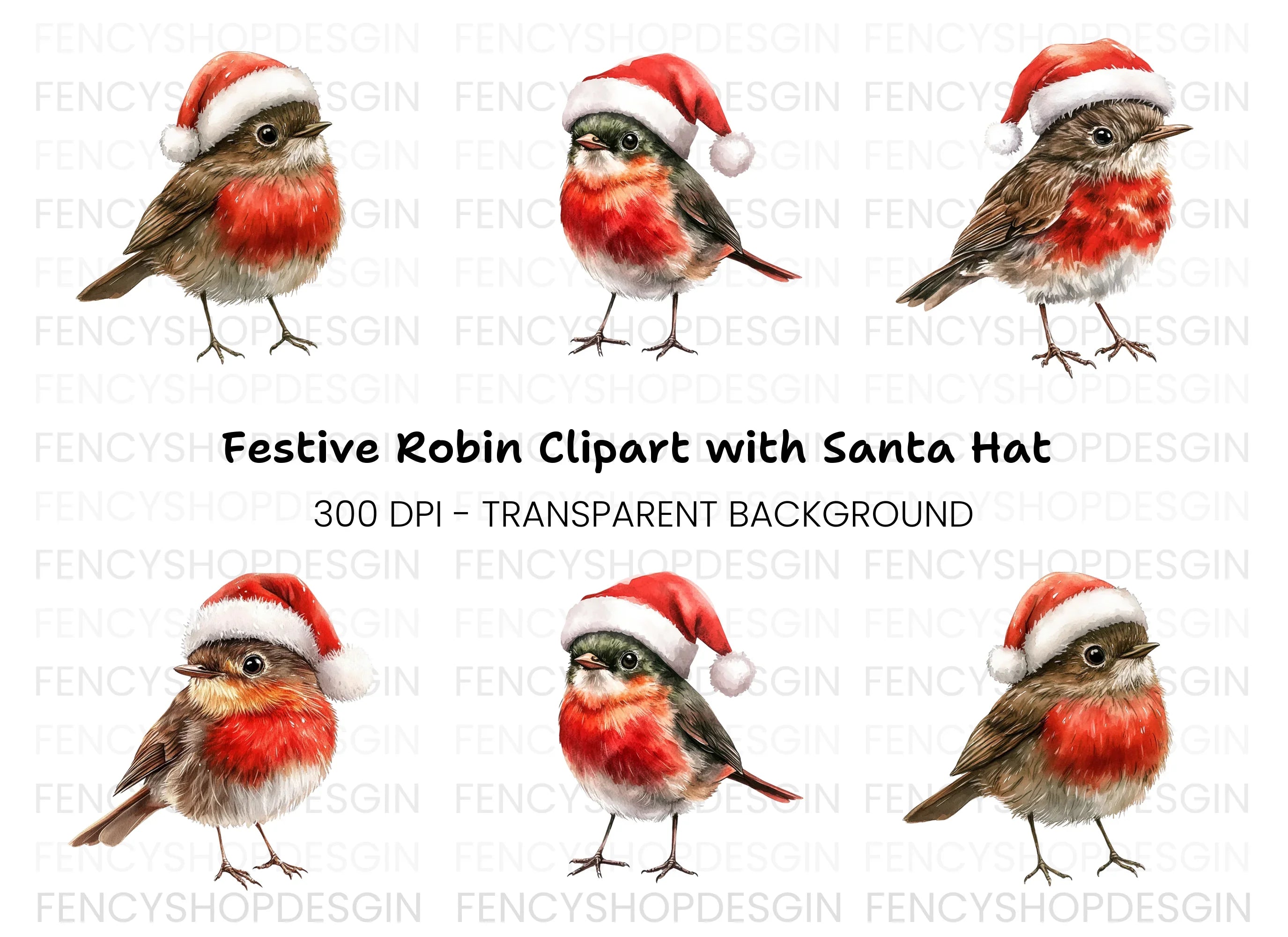 Festive Robin Birds with Santa Hats Clipart Bundle