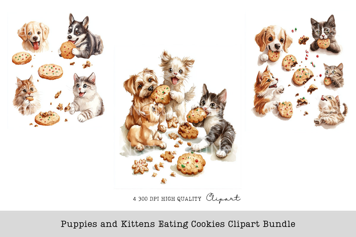 Puppies And Kittens Eating Cookies Clipart Bundle