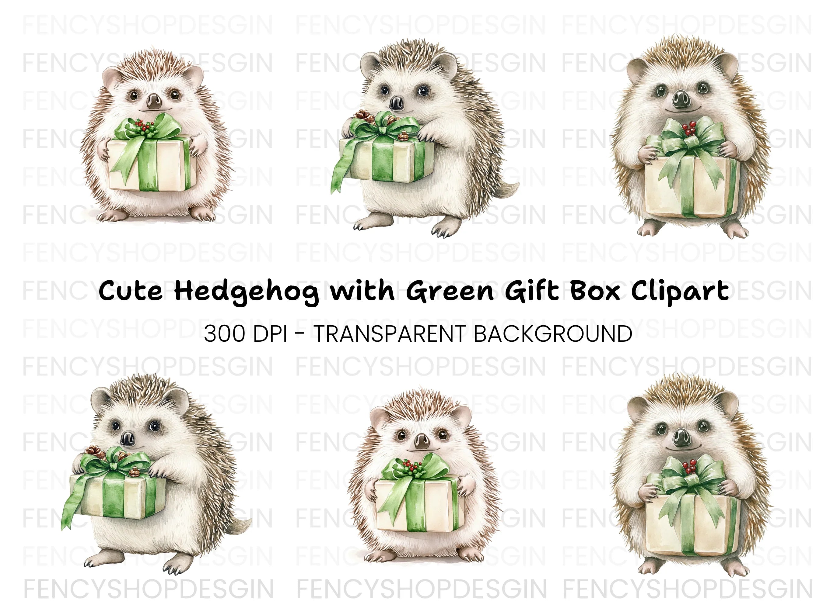 Hedgehogs with Green Gift Boxes Clipart Bundle