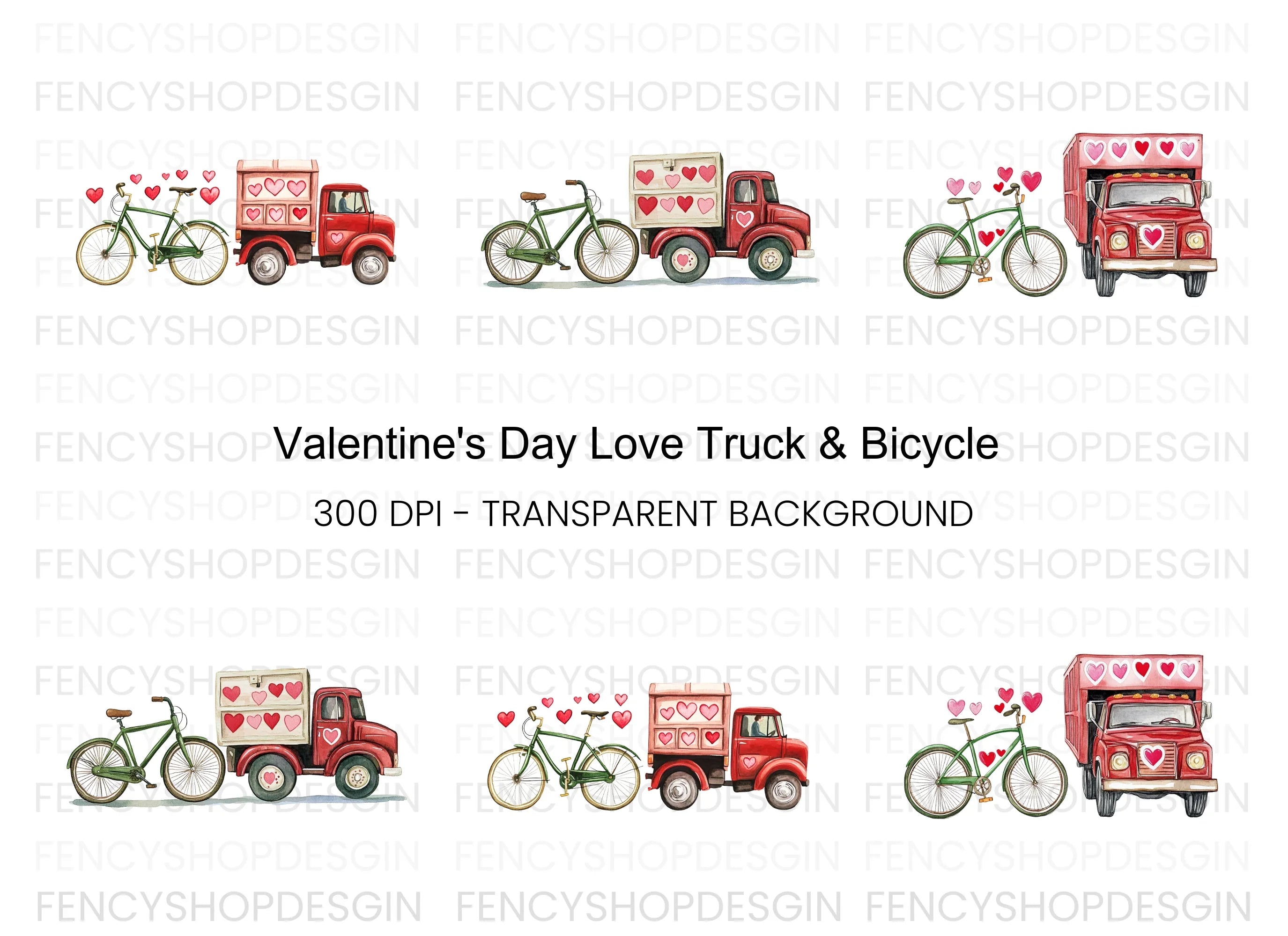 Valentine's Day Truck and Bicycle Clipart Bundle