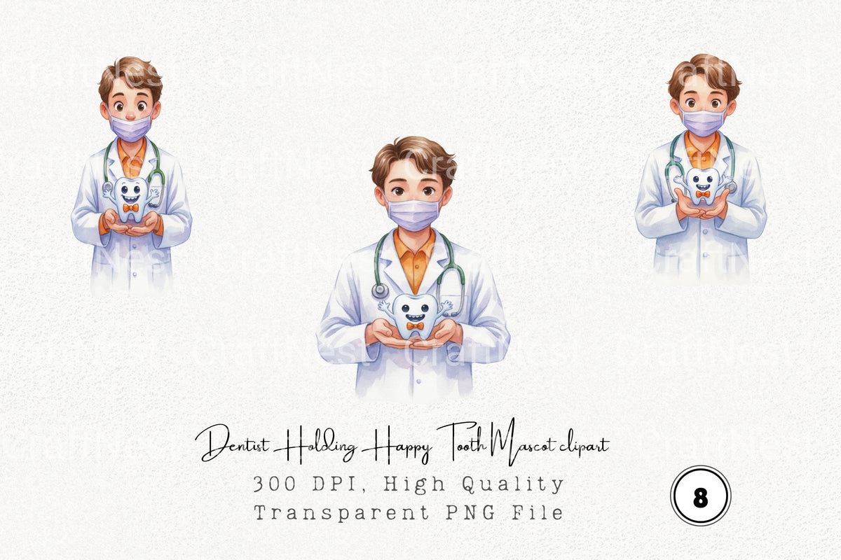 Dentist Holding Happy Tooth Mascot Clipart Bundle