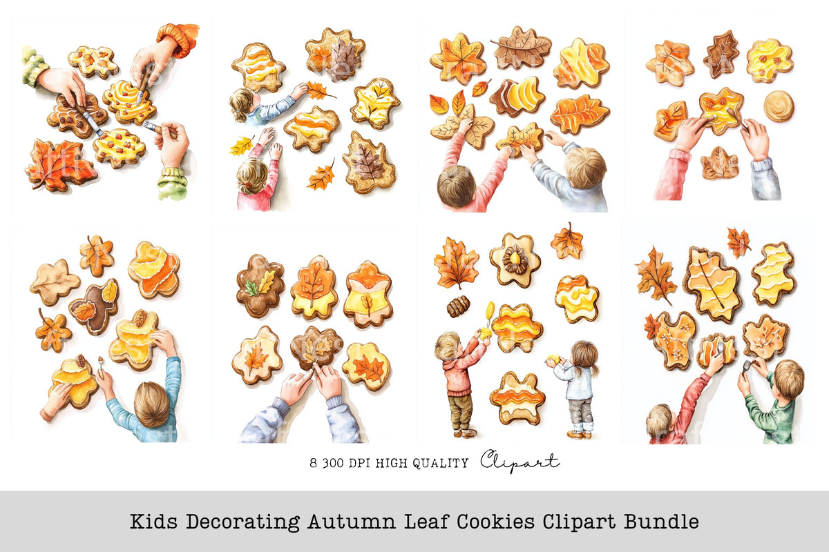 Kids Decorating Autumn Leaf Cookies Clipart Bundle