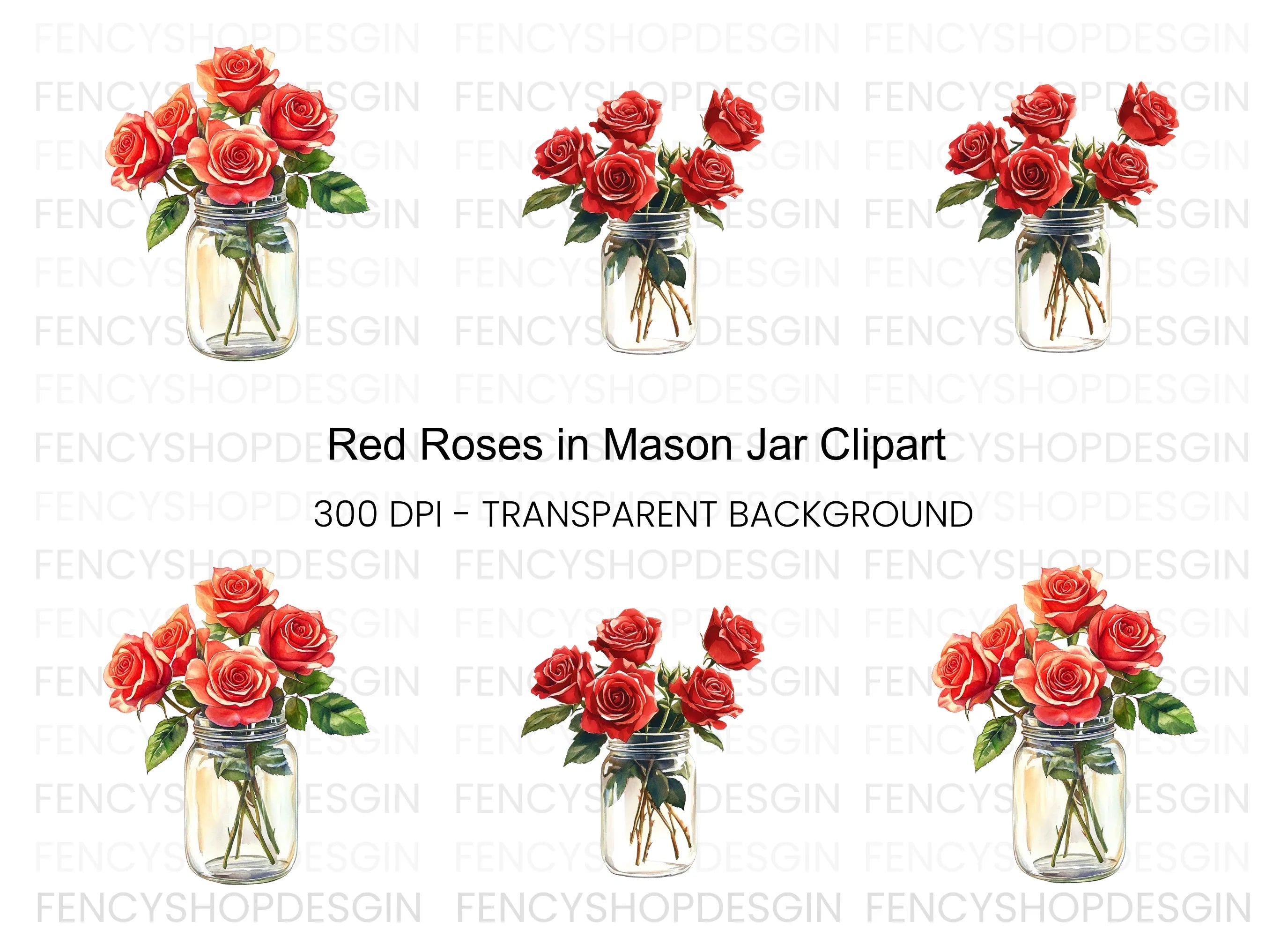 Red Roses in Mason Jars Clipart Bundle