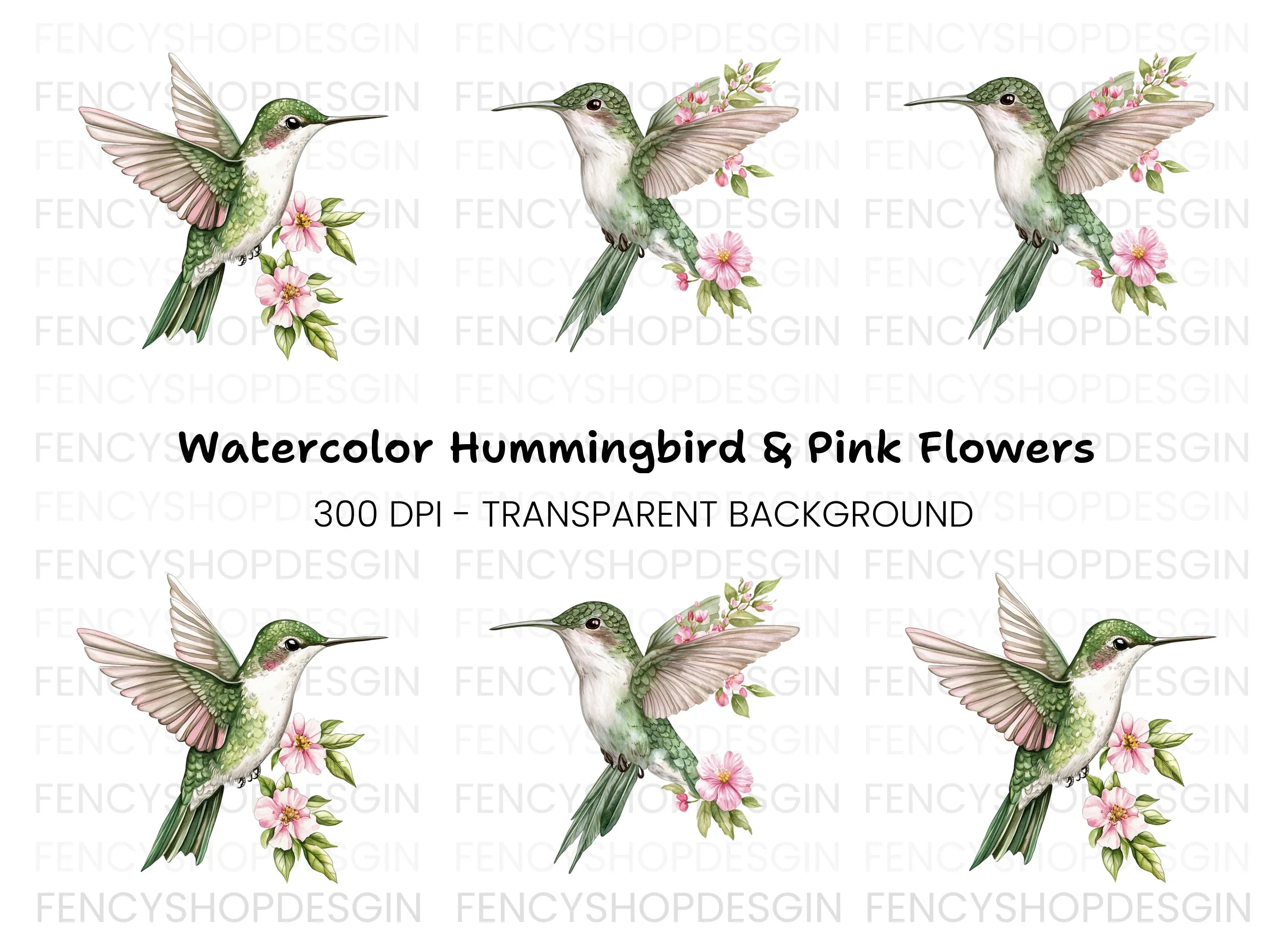 Hummingbird with Pink Flowers Clipart Bundle