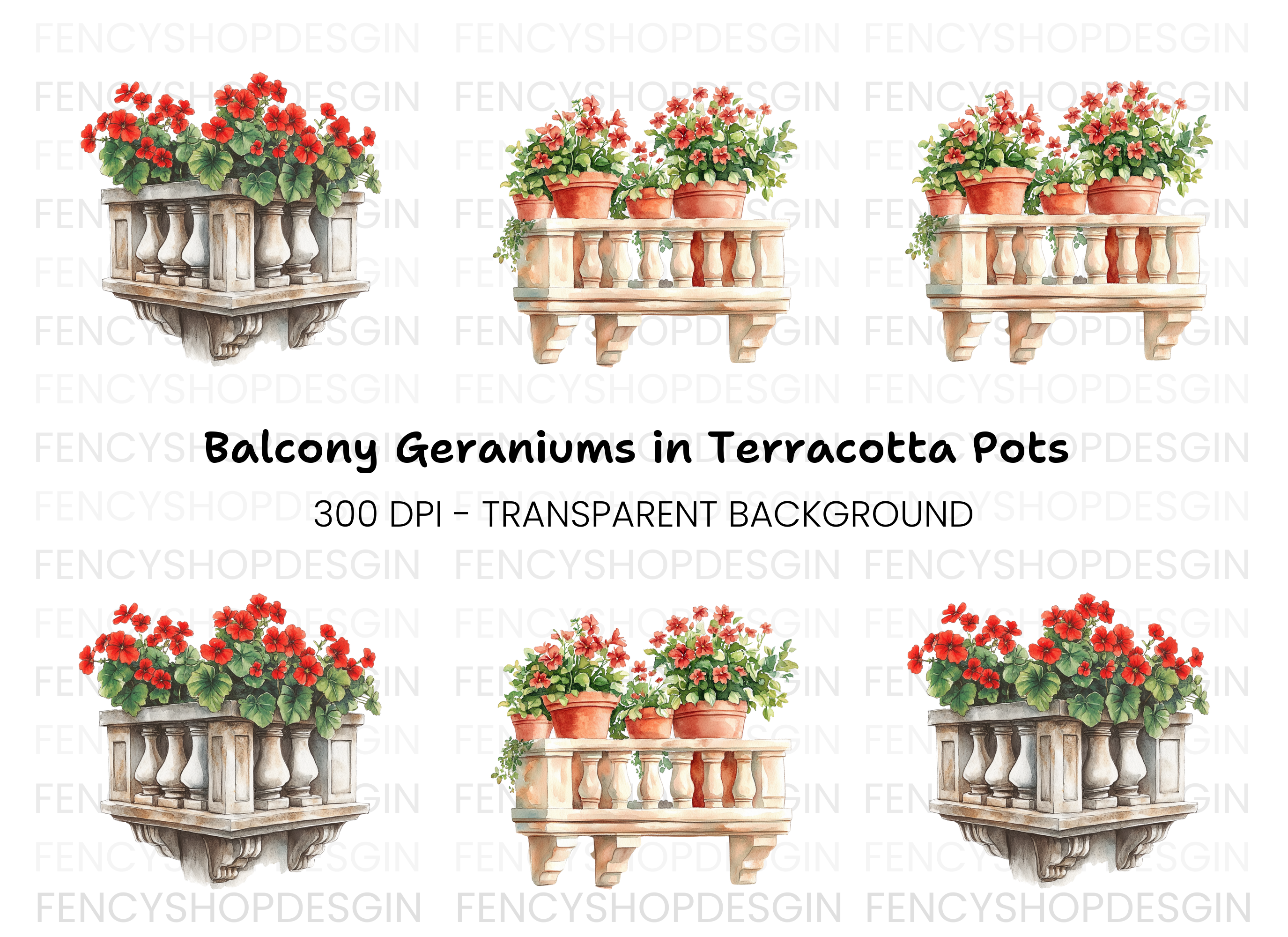 Balcony with Red Geraniums Clipart Bundle