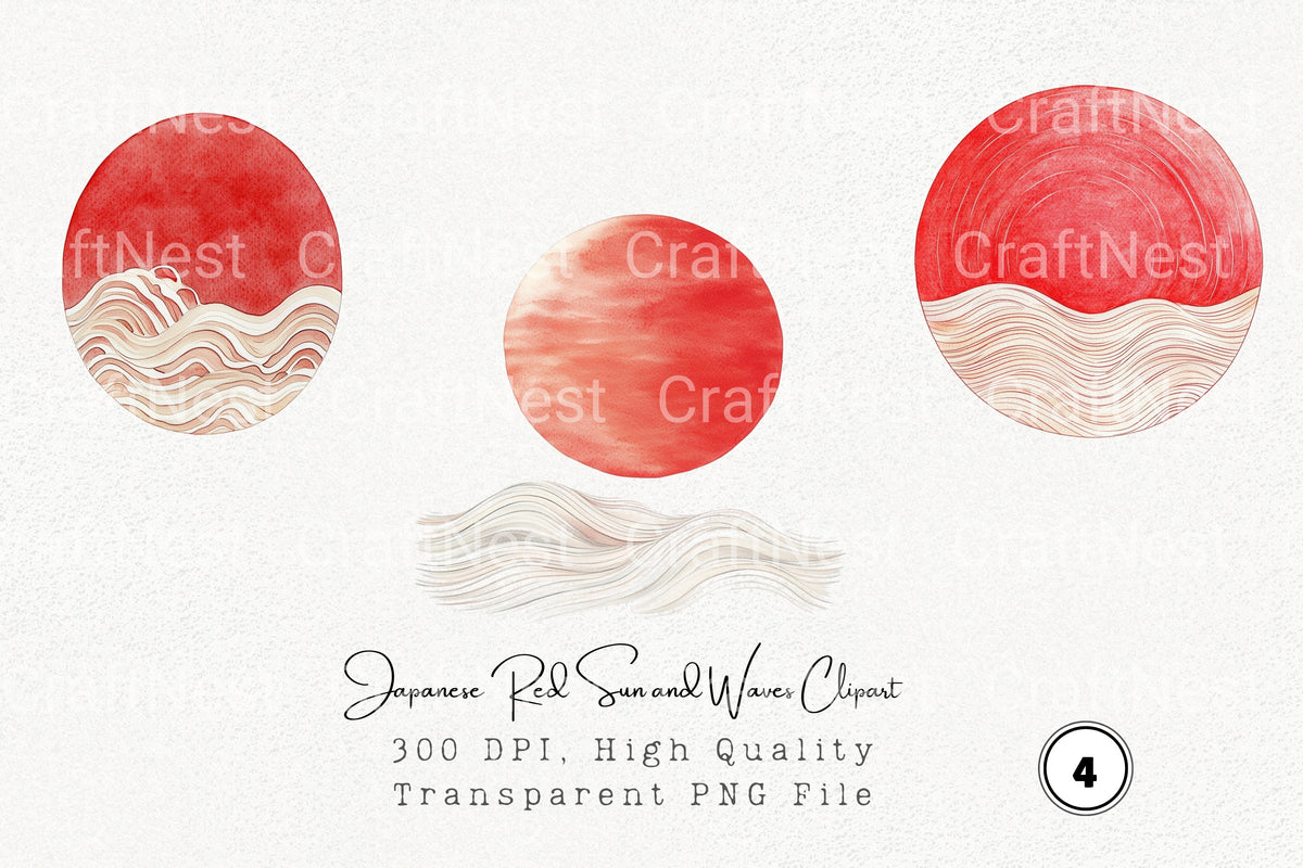 Japanese Red Sun And Waves Clipart Bundle