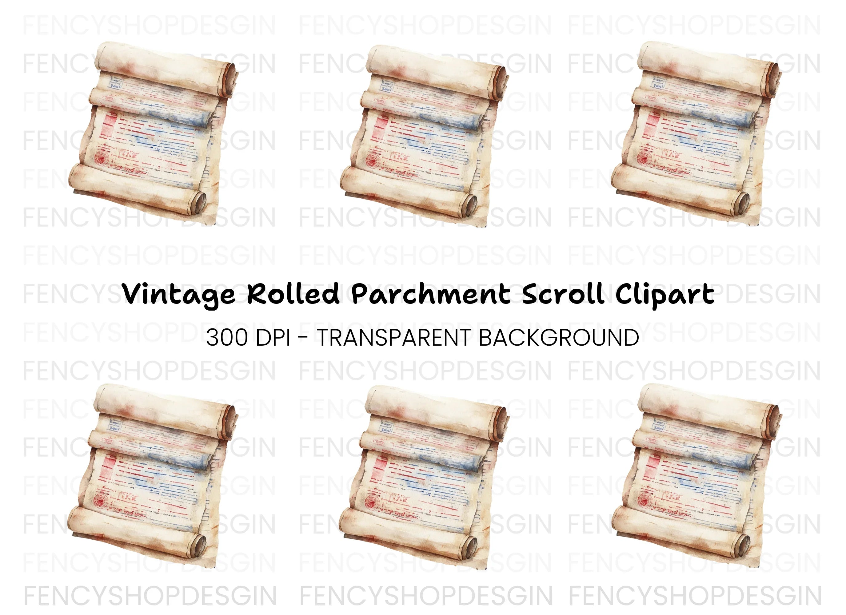 Vintage Scroll Red & Blue Clipart Bundle